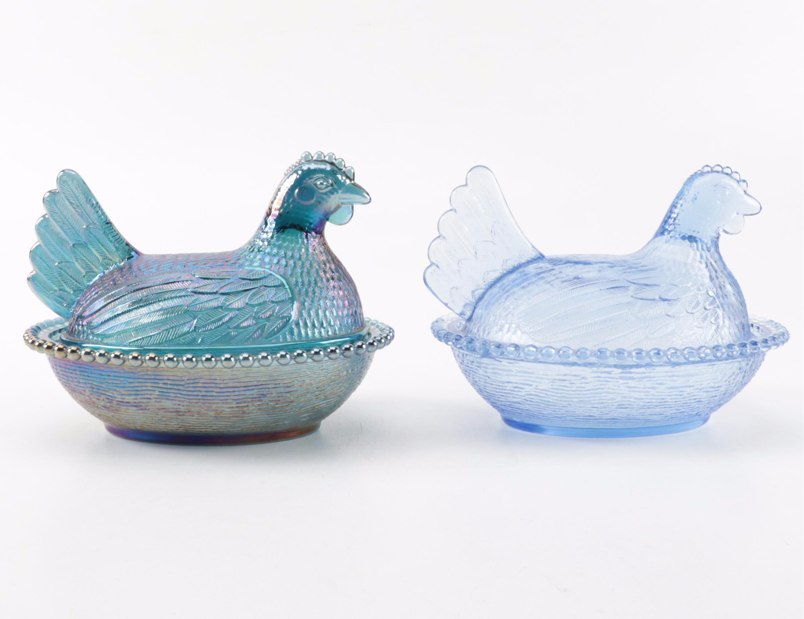 Indiana Blue Carnival, Mosser Amber Slag Glass and Other Hen on Nest Dishes