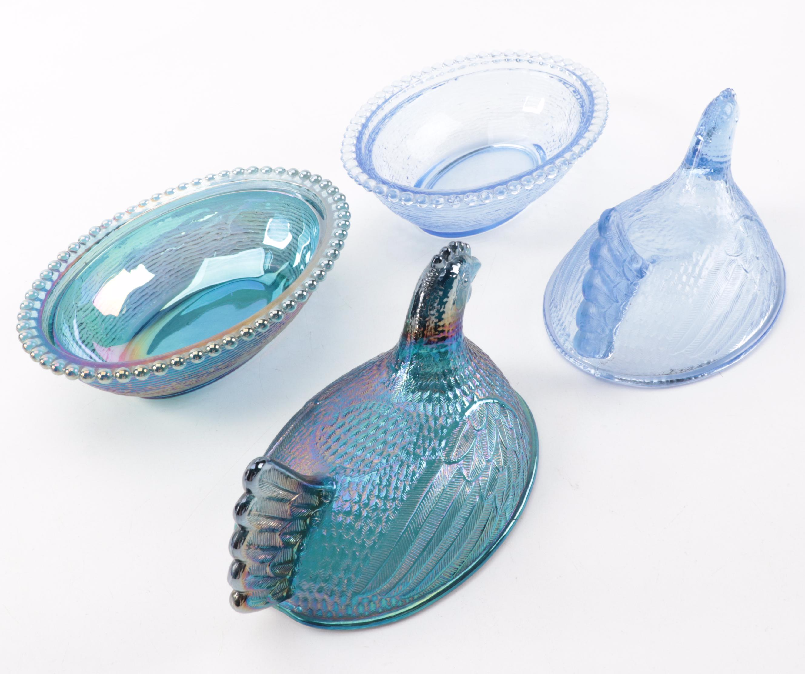 Indiana Blue Carnival, Mosser Amber Slag Glass and Other Hen on Nest Dishes