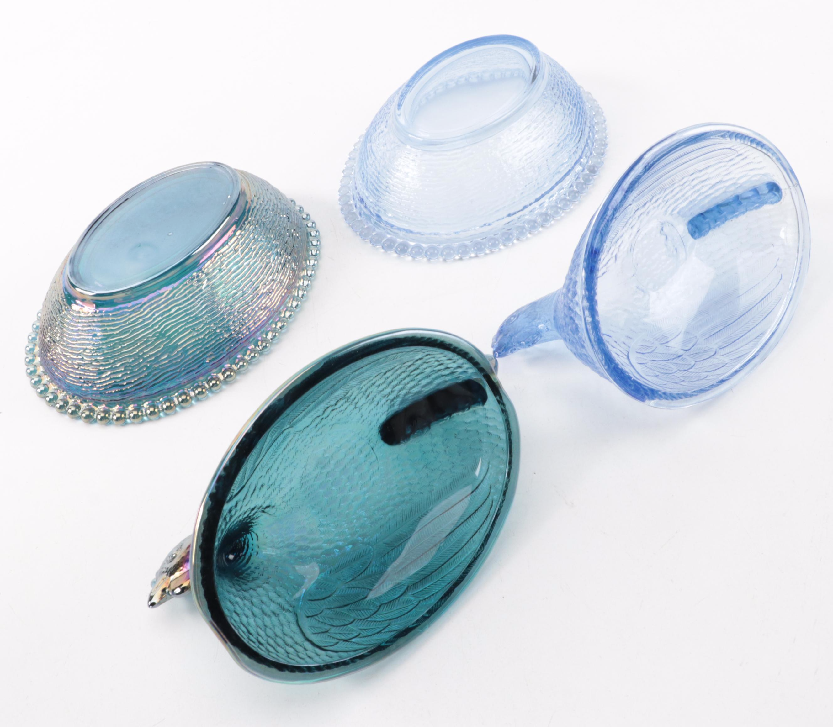 Indiana Blue Carnival, Mosser Amber Slag Glass and Other Hen on Nest Dishes