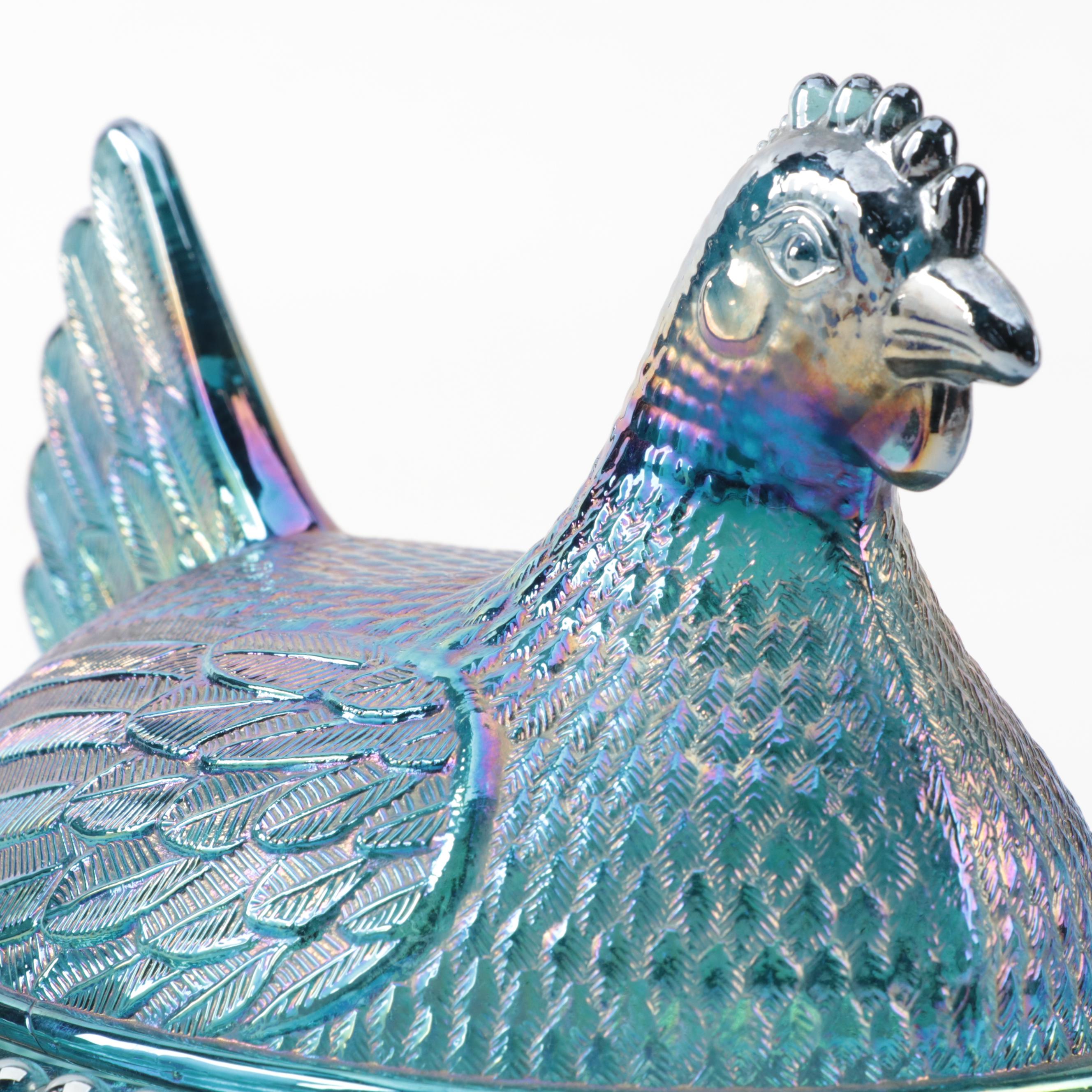 Indiana Blue Carnival, Mosser Amber Slag Glass and Other Hen on Nest Dishes