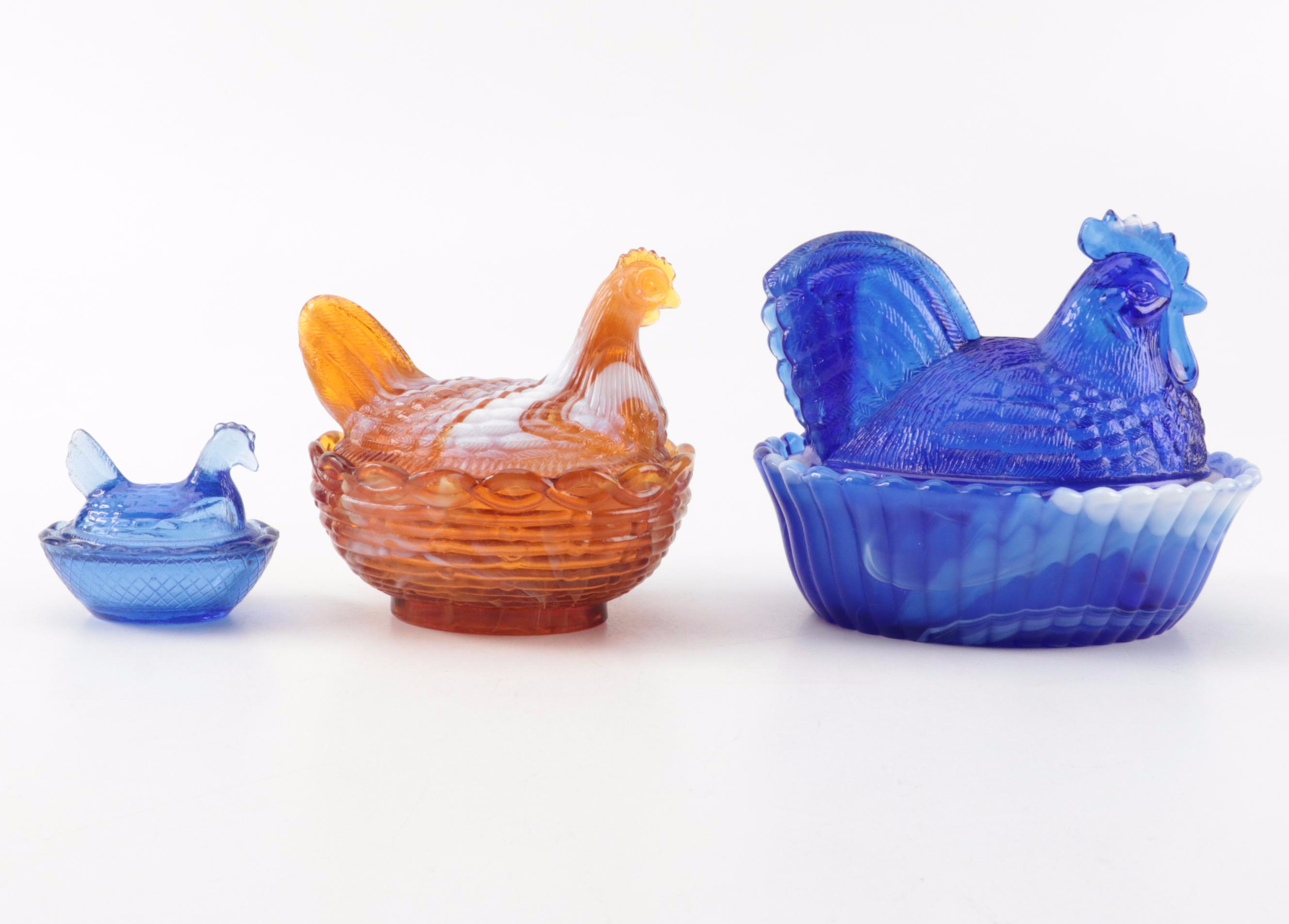 Indiana Blue Carnival, Mosser Amber Slag Glass and Other Hen on Nest Dishes