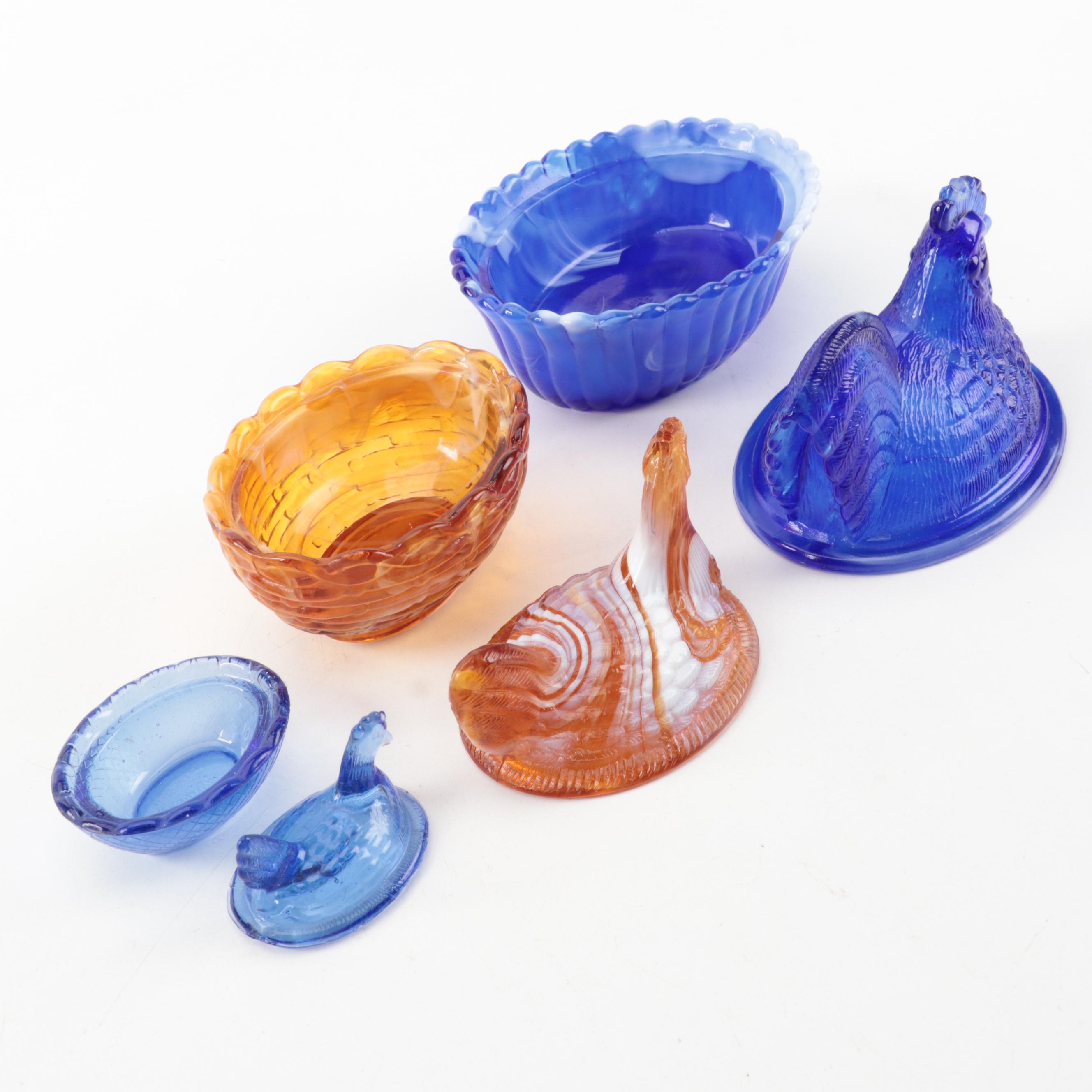 Indiana Blue Carnival, Mosser Amber Slag Glass and Other Hen on Nest Dishes