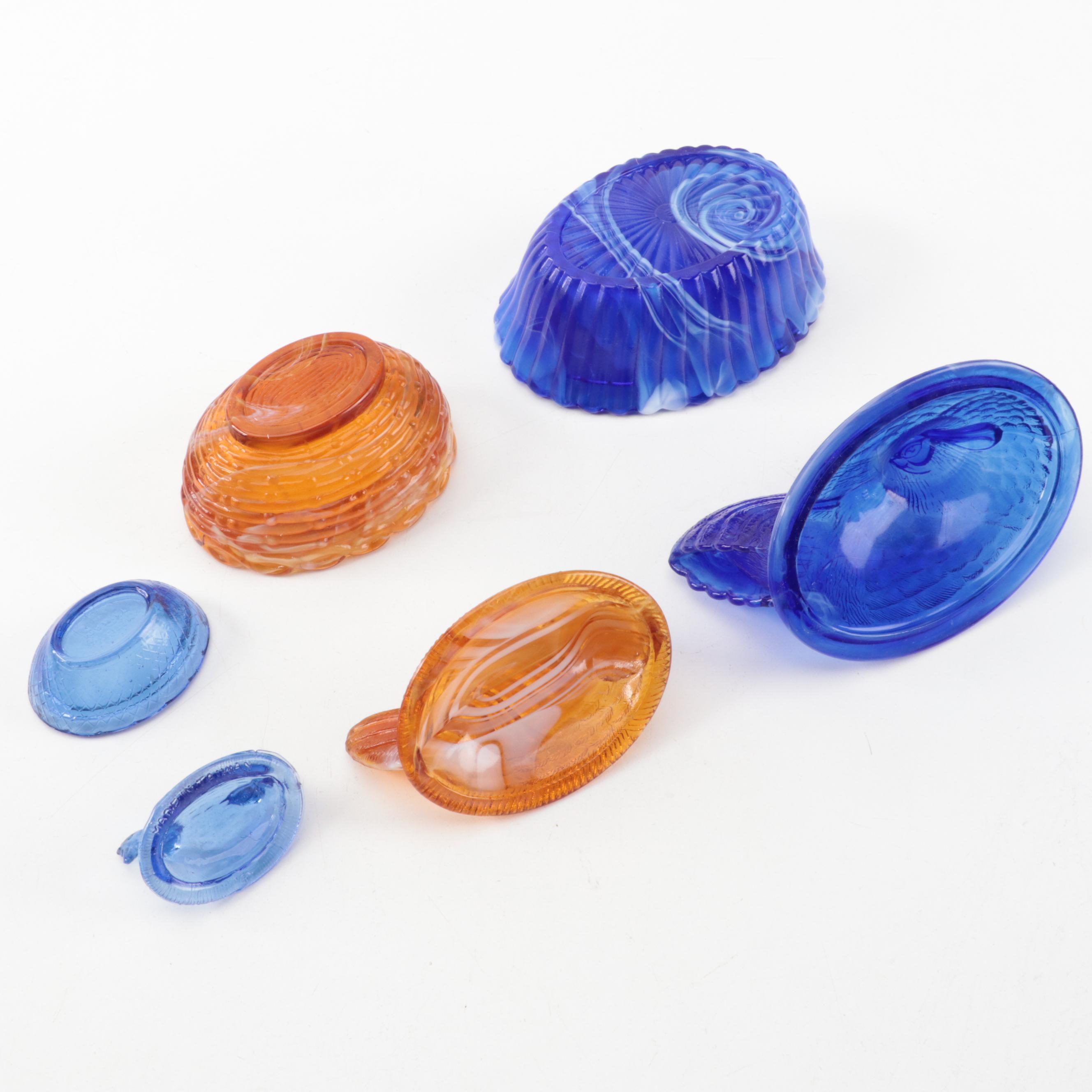 Indiana Blue Carnival, Mosser Amber Slag Glass and Other Hen on Nest Dishes
