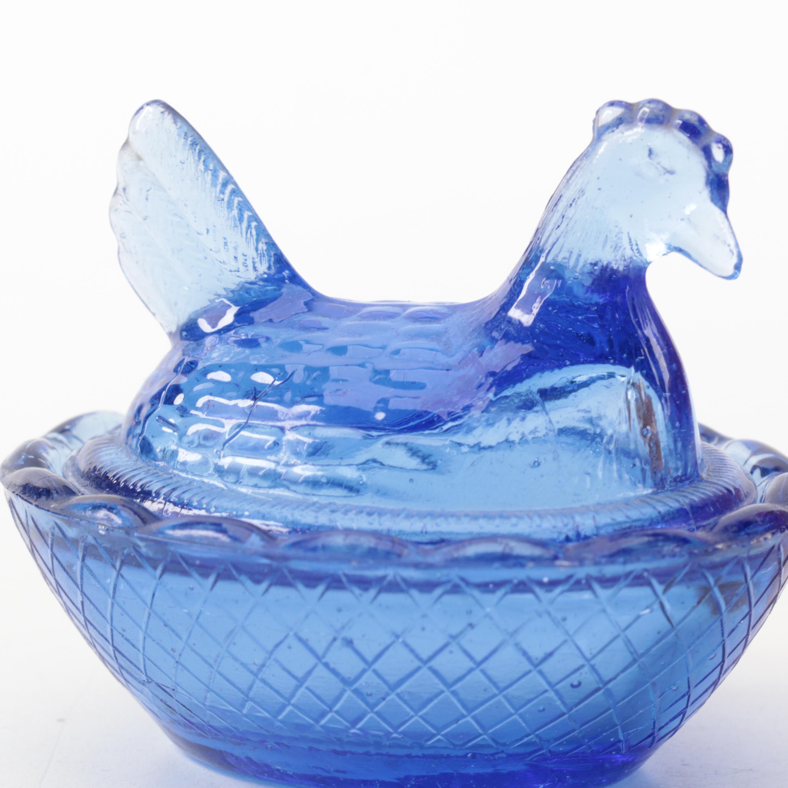 Indiana Blue Carnival, Mosser Amber Slag Glass and Other Hen on Nest Dishes