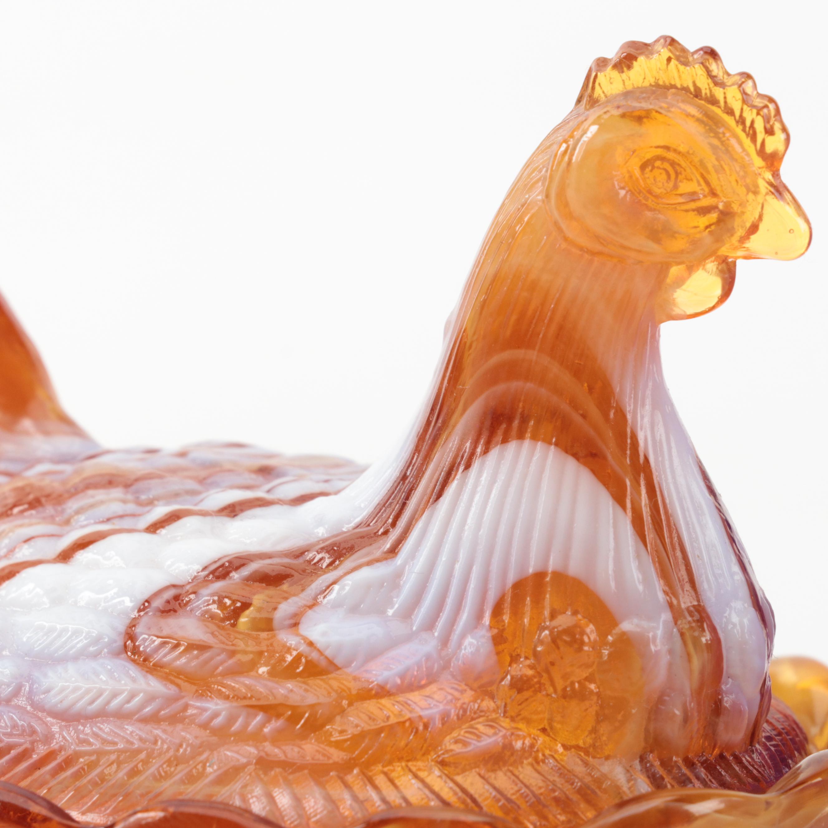 Indiana Blue Carnival, Mosser Amber Slag Glass and Other Hen on Nest Dishes