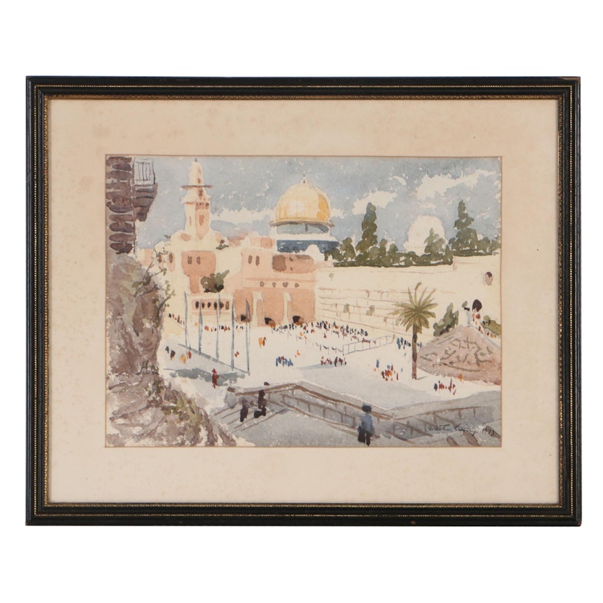 Martin Linsey Watercolor Painting of a Mediterranean Square, 1973