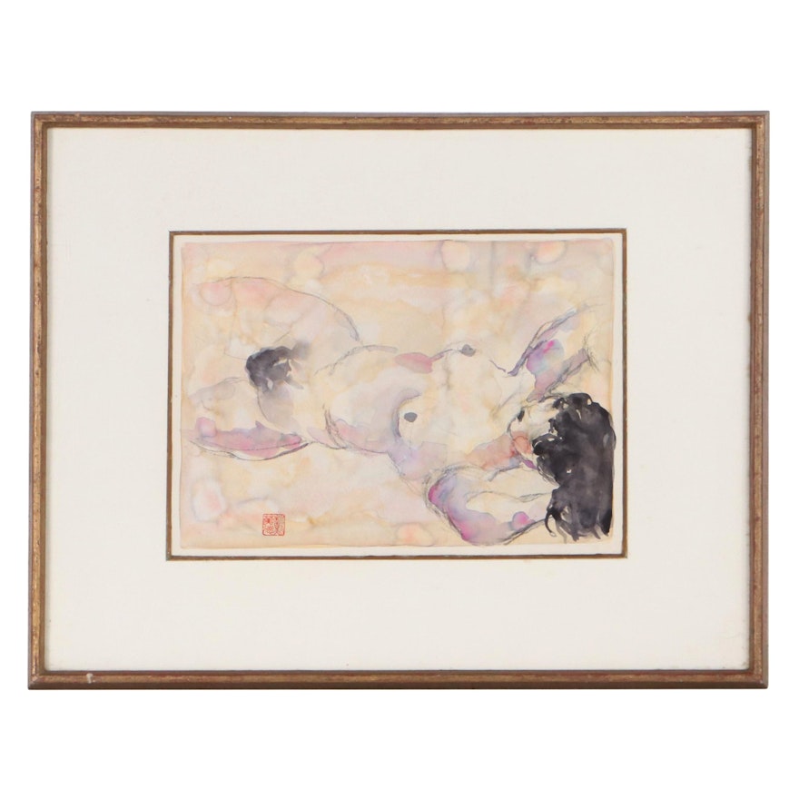 Walter Sorge Female Nude Watercolor Painting "Reclining Figure"