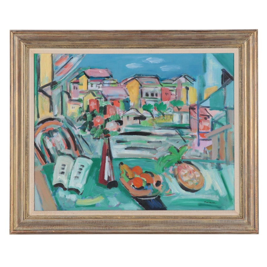 Beverly Erschell Still Life Oil Painting with Cityscape, Circa 2000