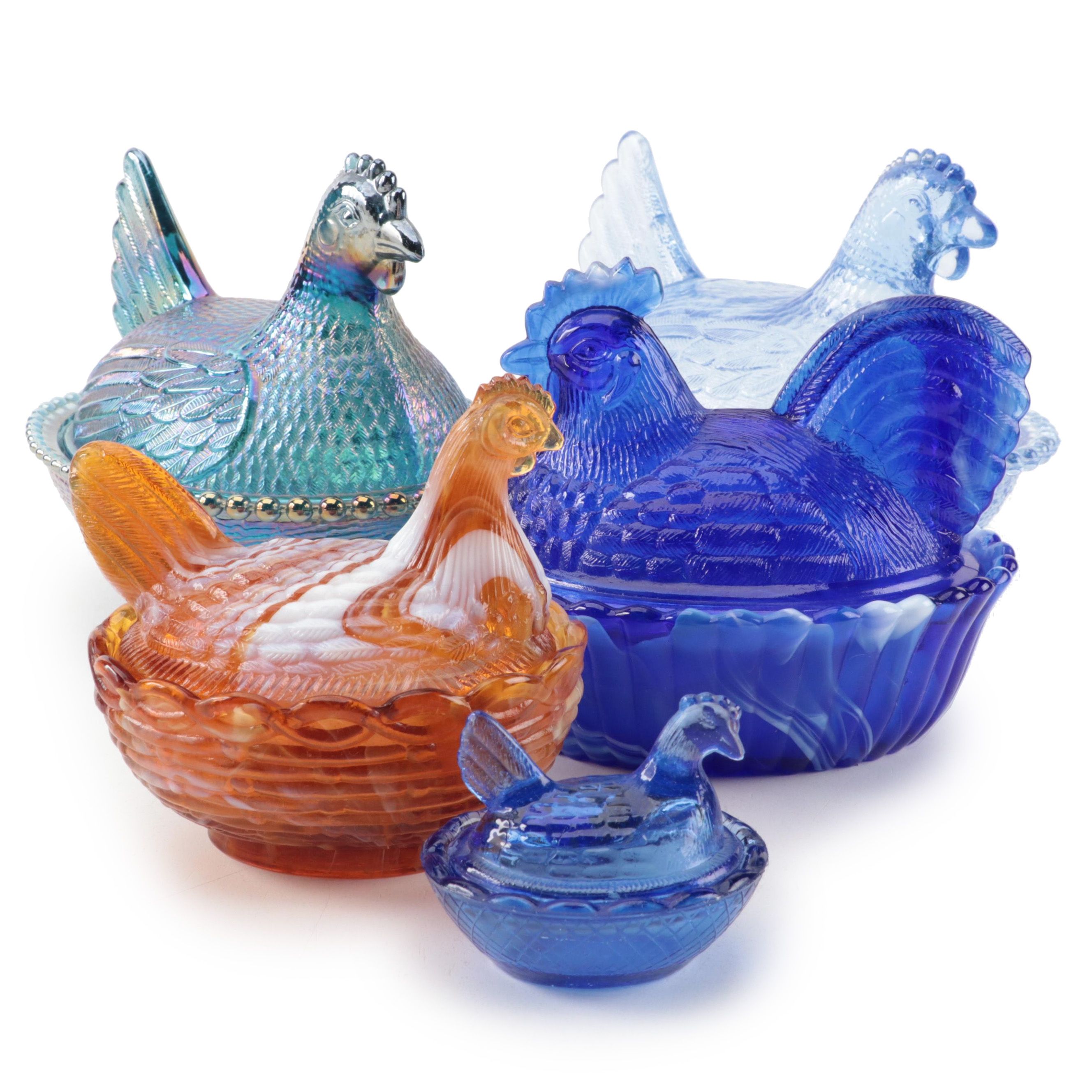 Indiana Blue Carnival, Mosser Amber Slag Glass and Other Hen on Nest Dishes