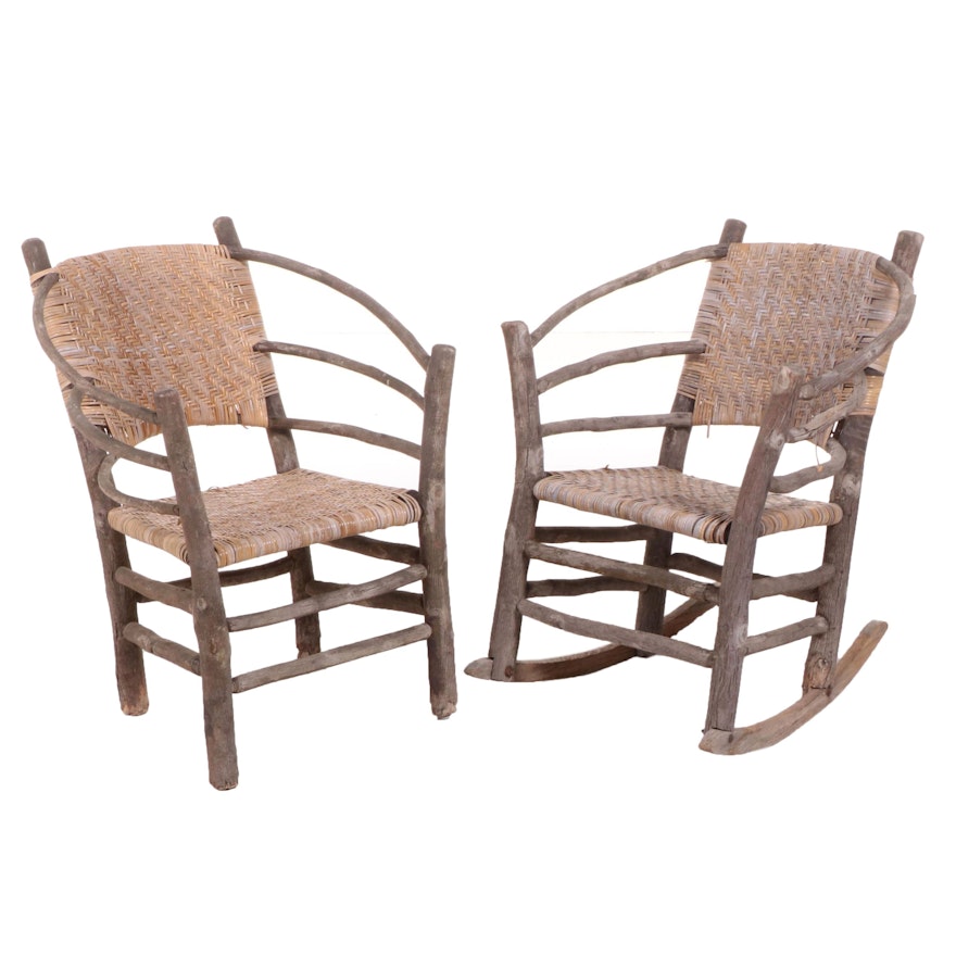 Old Hickory Style Rustic Twig and Splint-Woven Armchair and Rocker