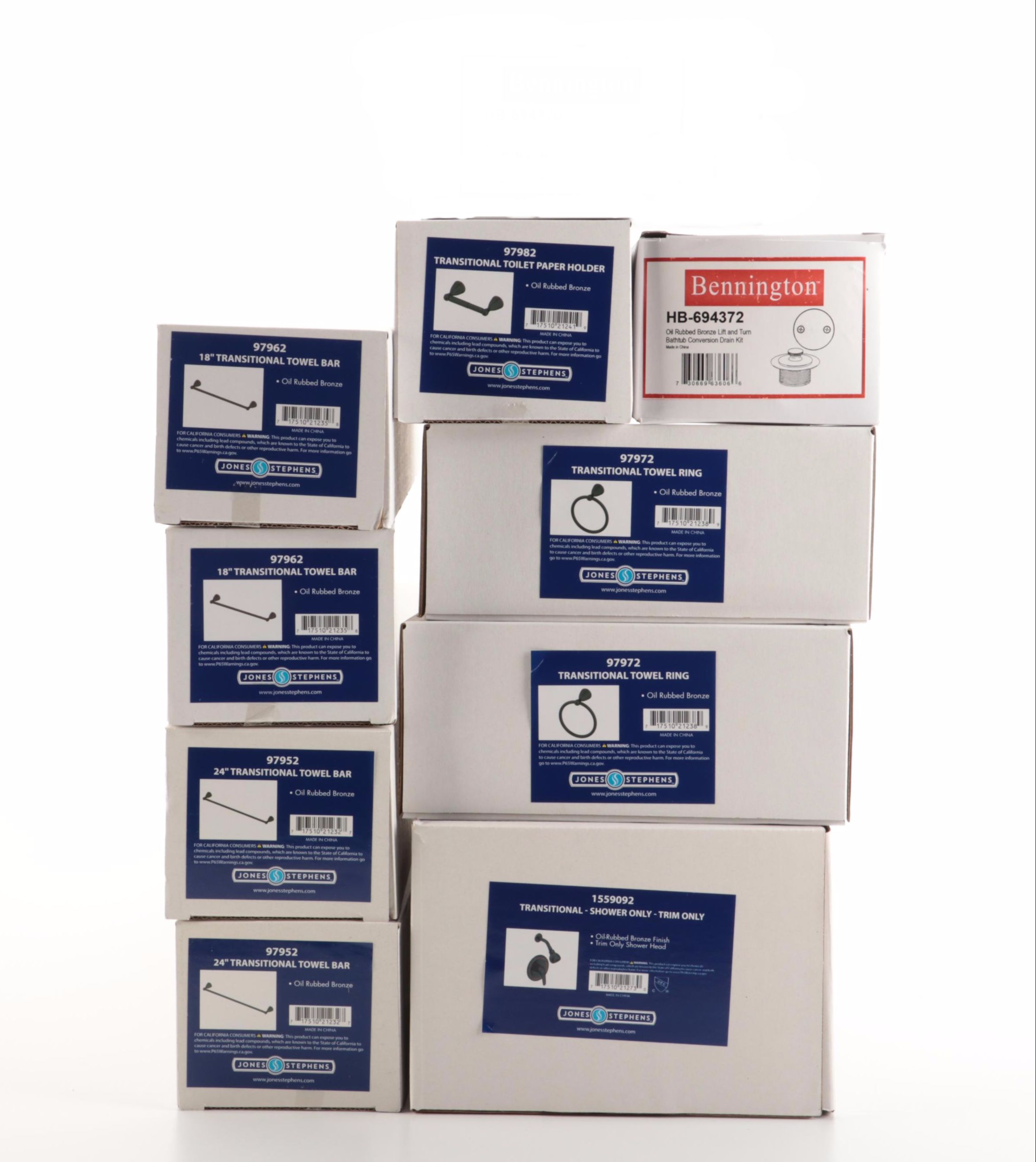 Tub Drain Kit, Shower Trim Kit, Toilet Paper Holder, Towel Bars and Rings