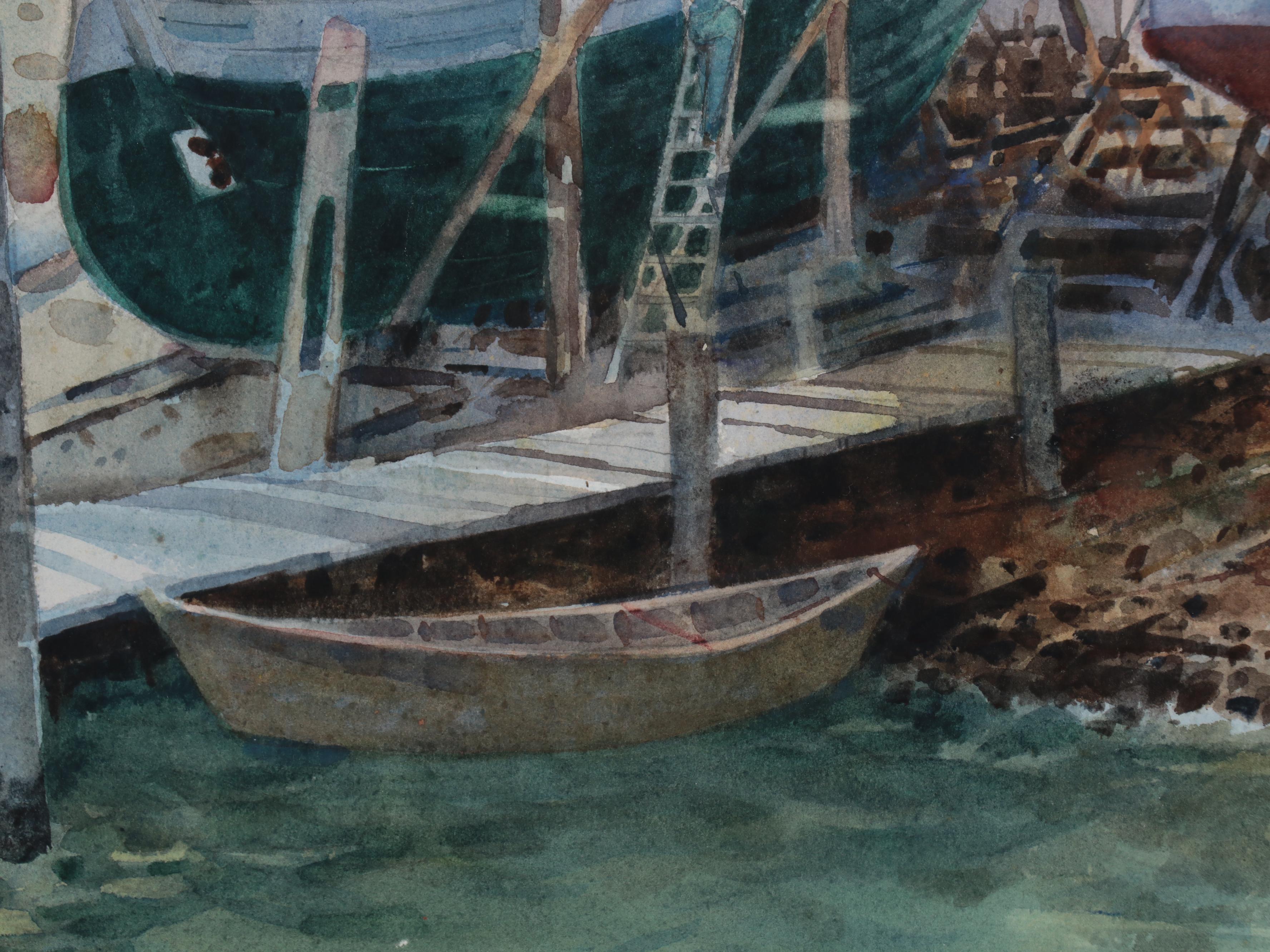 Don W. Dennis Harbor Scene Watercolor Painting "Boats," Late 20th Century