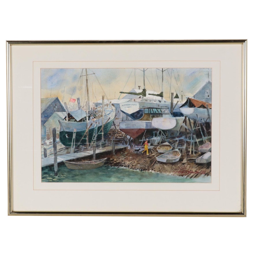 Don W. Dennis Harbor Scene Watercolor Painting "Boats," Late 20th Century