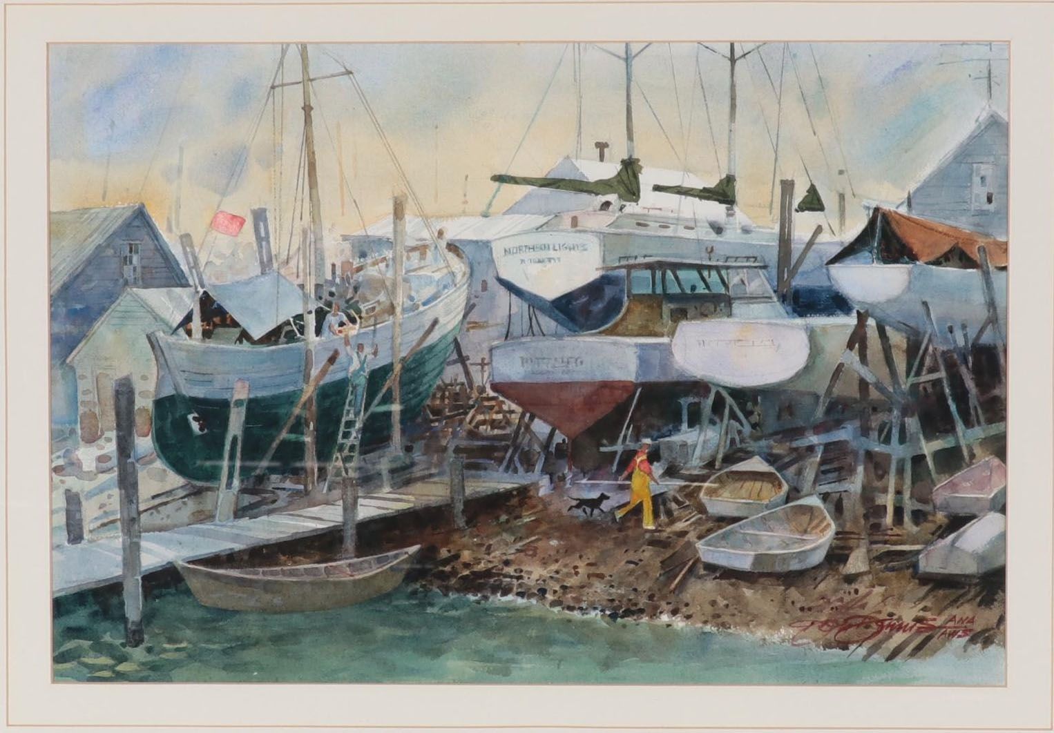 Don W. Dennis Harbor Scene Watercolor Painting "Boats," Late 20th Century