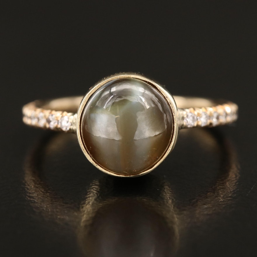 14K 6.72 CT Cat's Eye Chrysoberyl and Diamond Ring with GIA Report