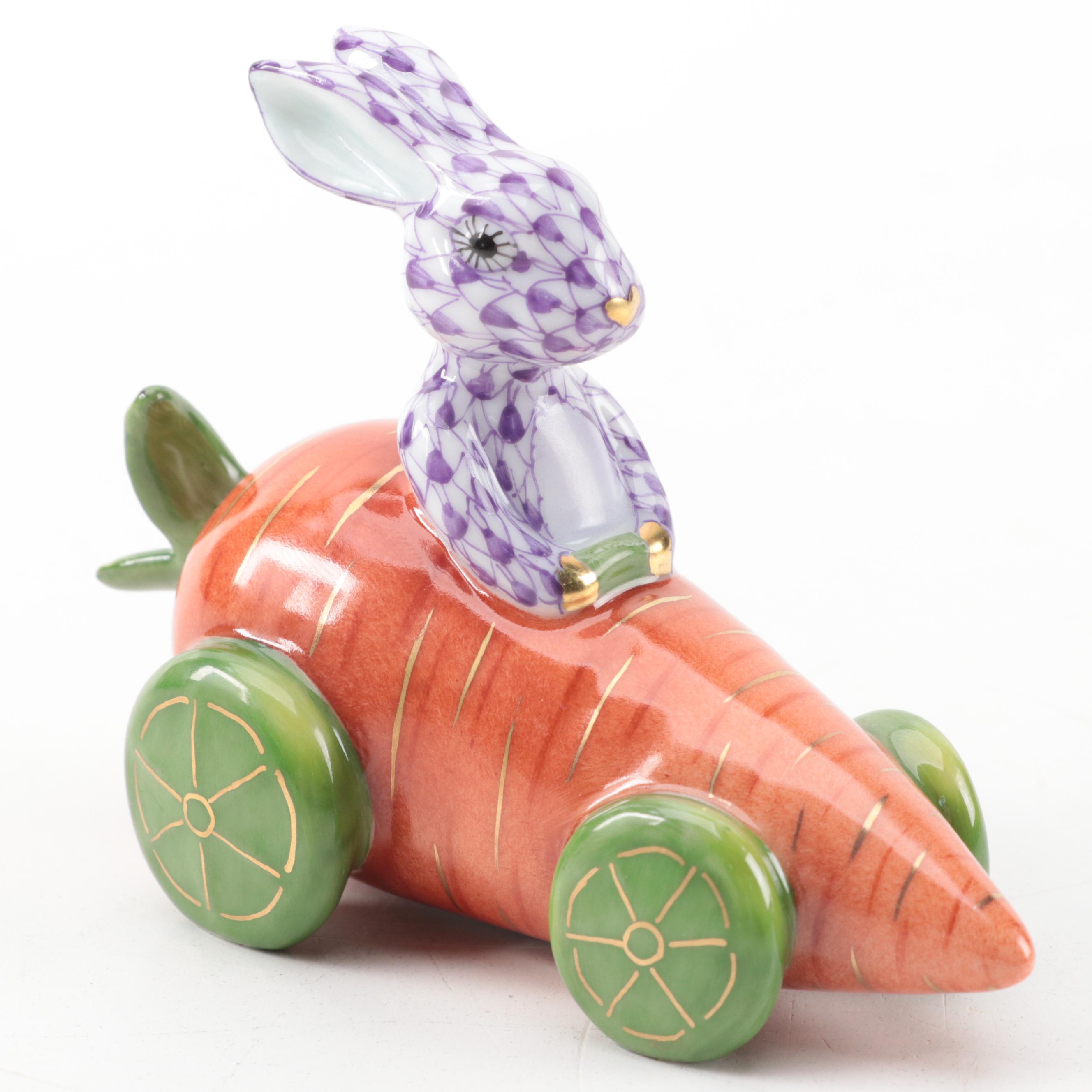 Herend Lilac Fishnet with Gold "Carrot Car Bunny" Porcelain Figurine