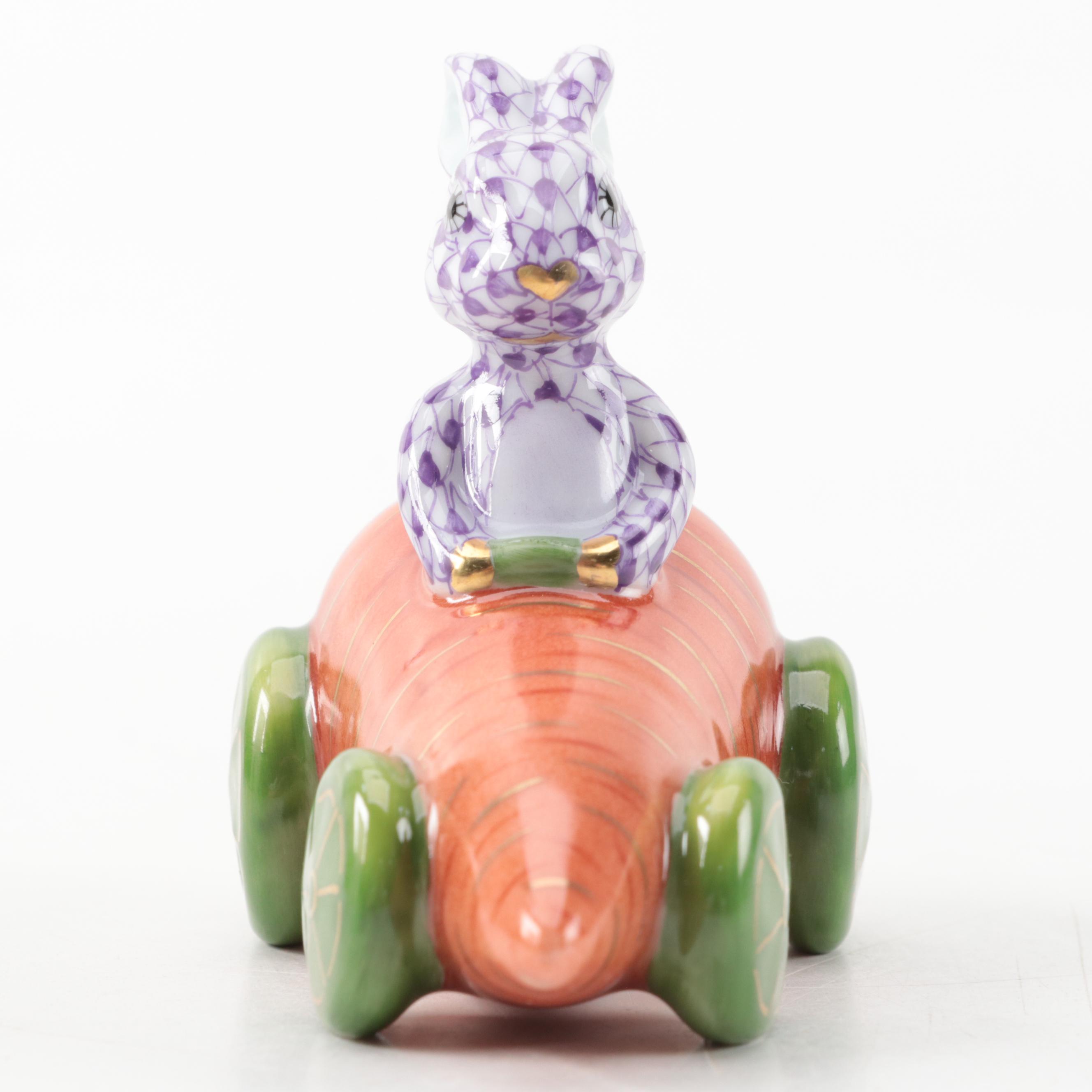 Herend Lilac Fishnet with Gold "Carrot Car Bunny" Porcelain Figurine