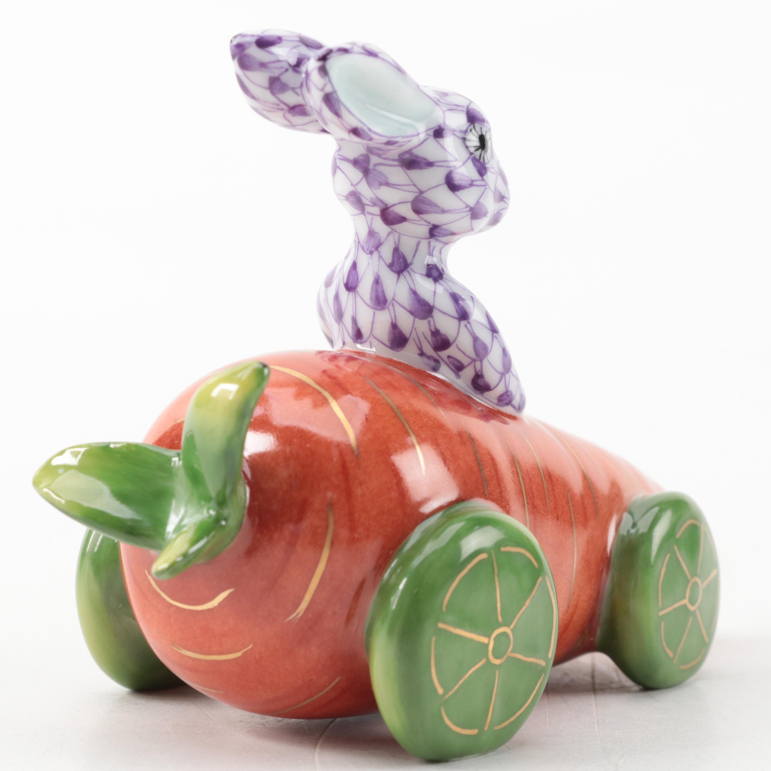Herend Lilac Fishnet with Gold "Carrot Car Bunny" Porcelain Figurine