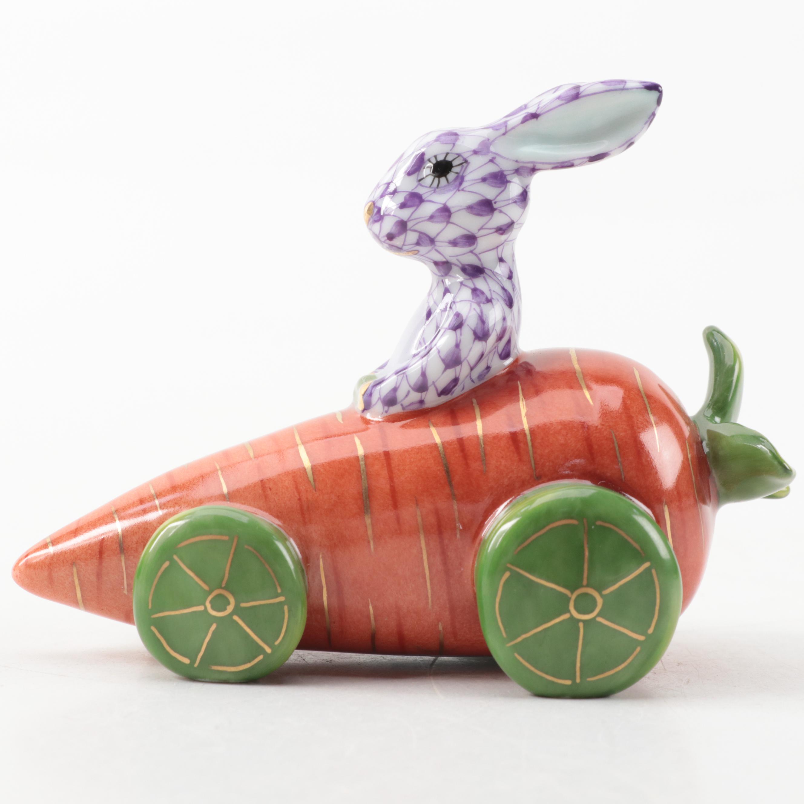 Herend Lilac Fishnet with Gold "Carrot Car Bunny" Porcelain Figurine