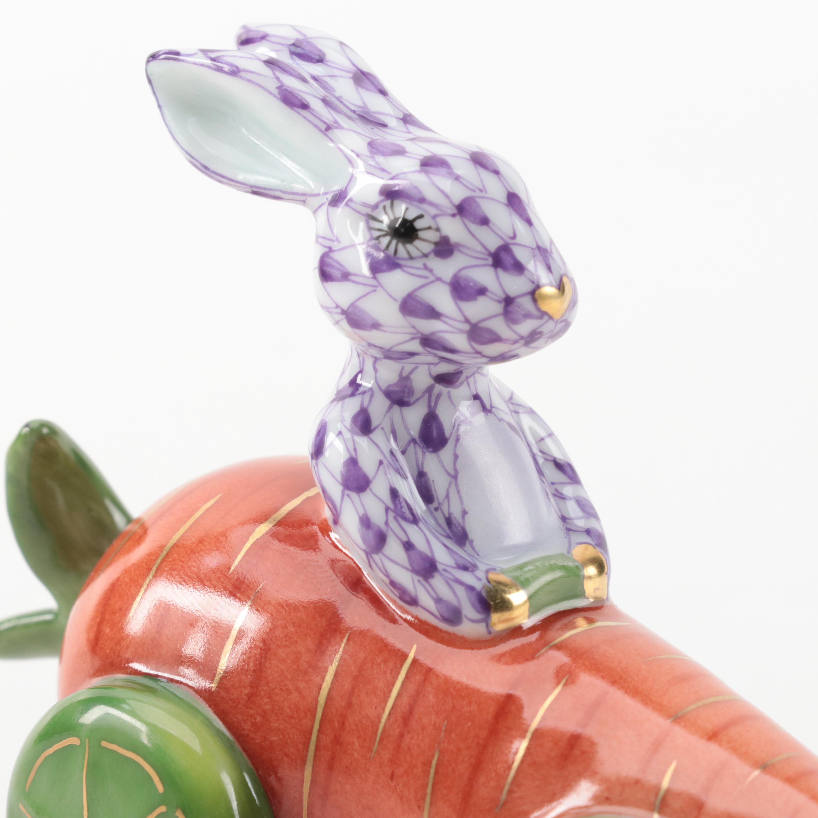Herend Lilac Fishnet with Gold "Carrot Car Bunny" Porcelain Figurine