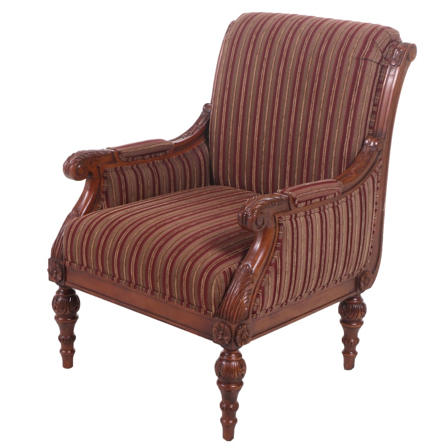 Baroque Style Carved Wood Framed Chenille Upholstered Armchair