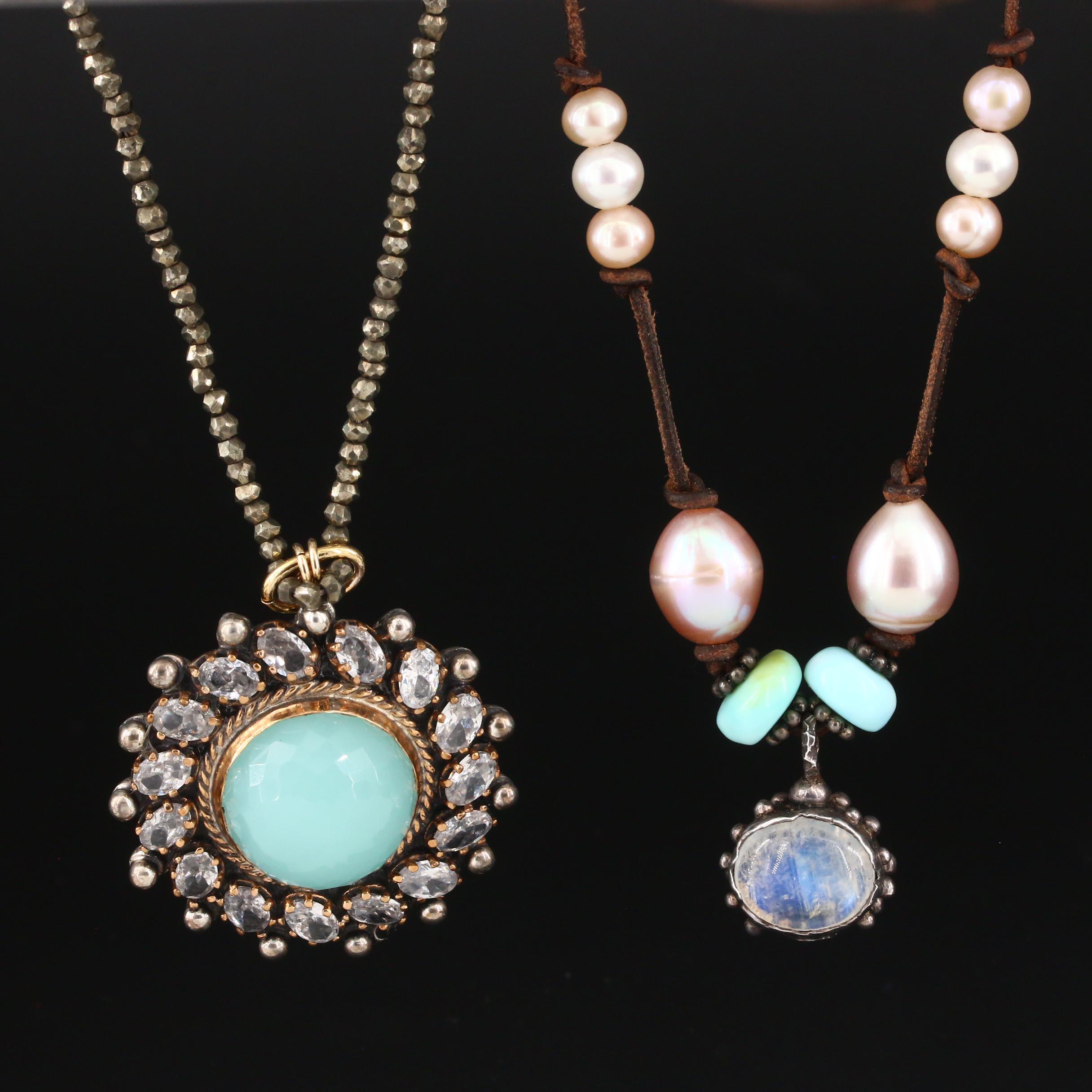Sterling Pendant Necklaces Including Moonstone, Pearl and Pyrite