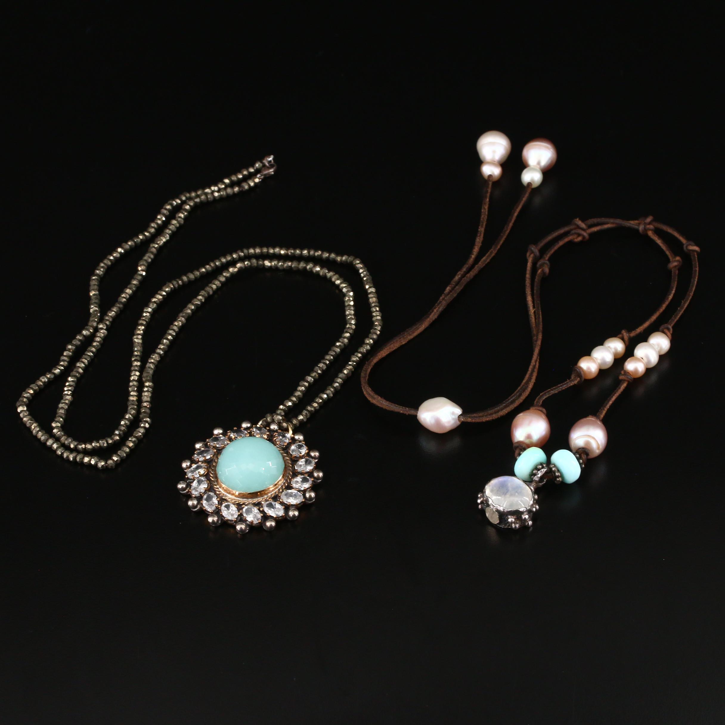 Sterling Pendant Necklaces Including Moonstone, Pearl and Pyrite
