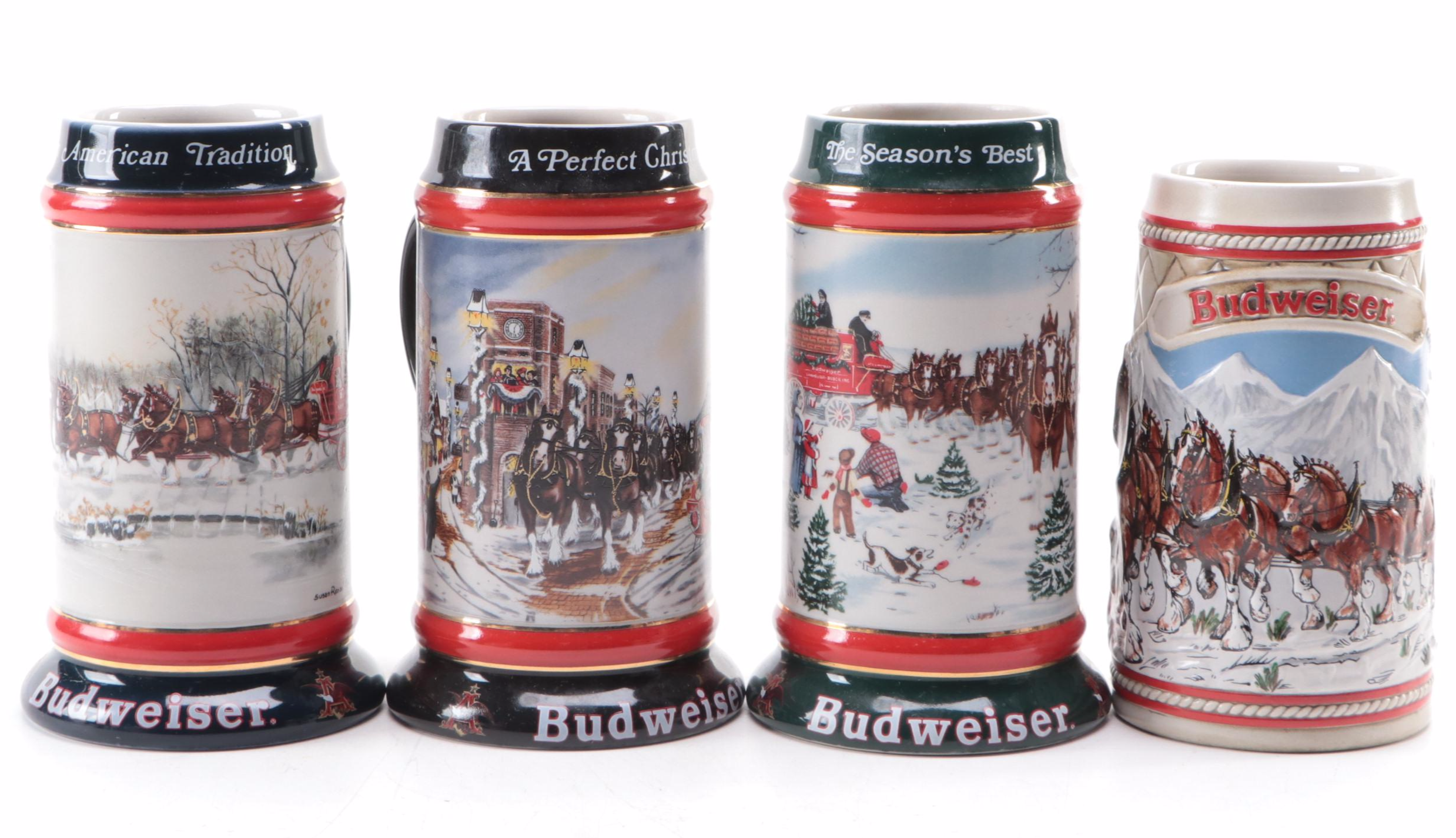 Budweiser Ceramic Holiday Beer Steins, Late 20th Century
