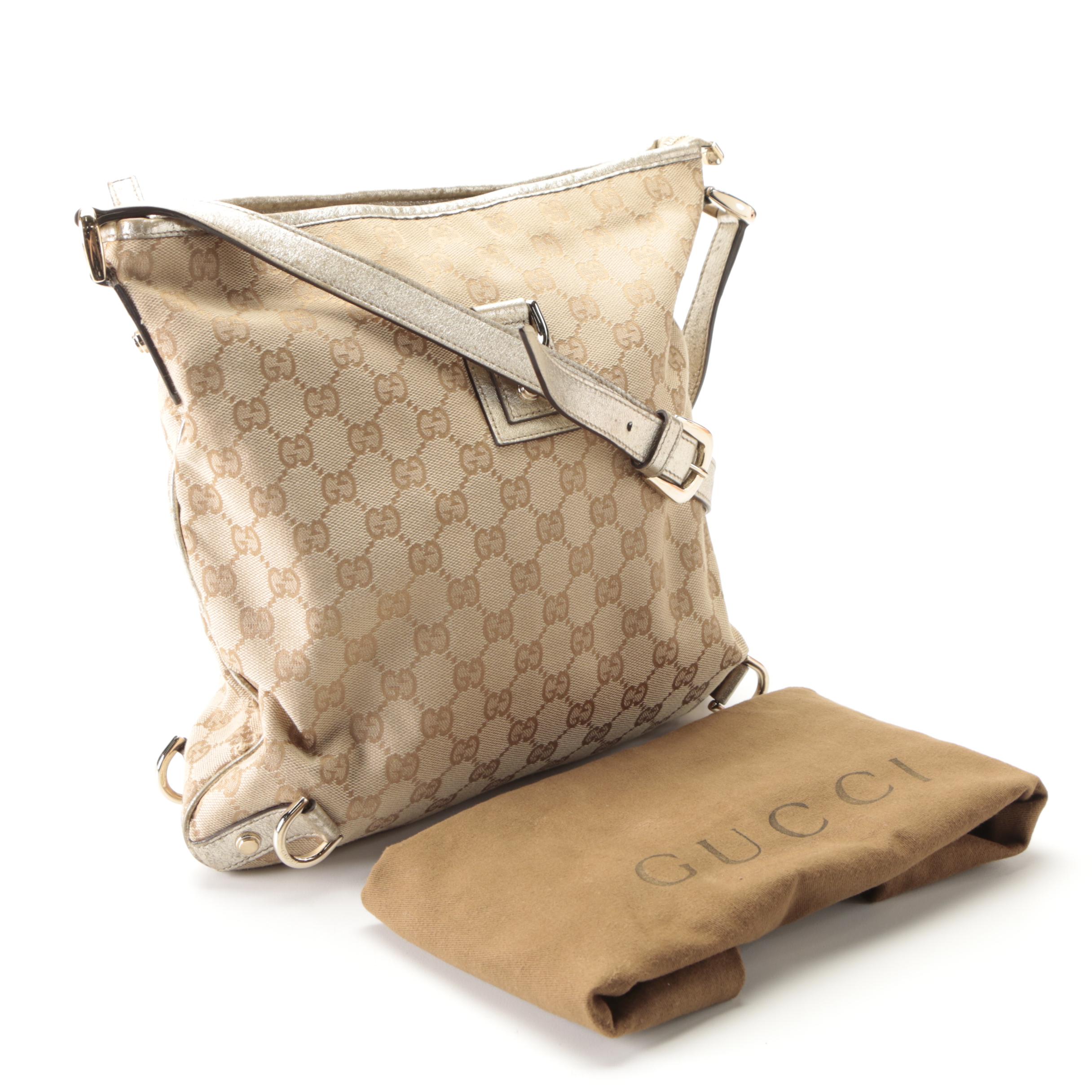Gucci Abbey D-Ring Slim Shoulder Bag in GG Canvas and Metallic Gold Leather