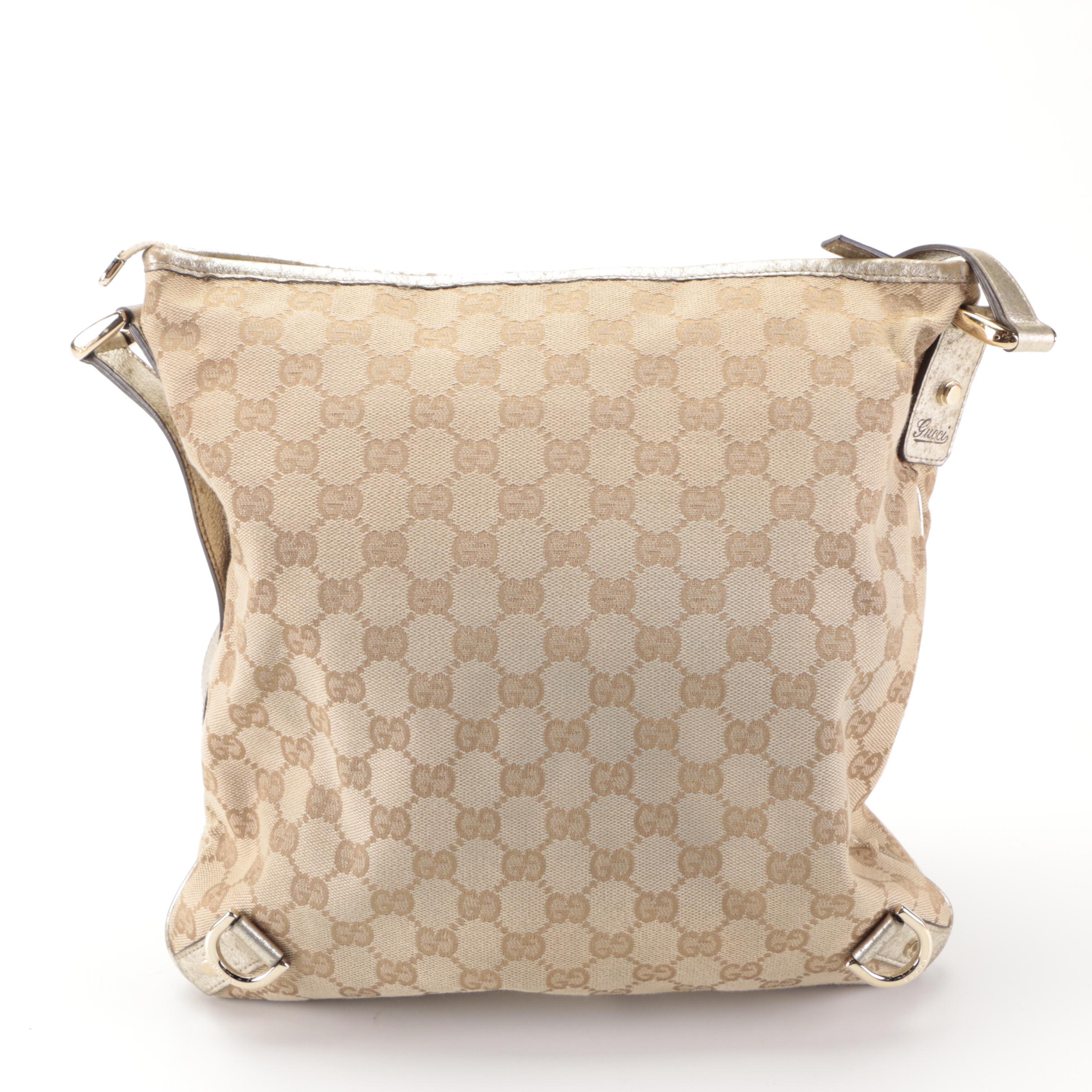 Gucci Abbey D-Ring Slim Shoulder Bag in GG Canvas and Metallic Gold Leather