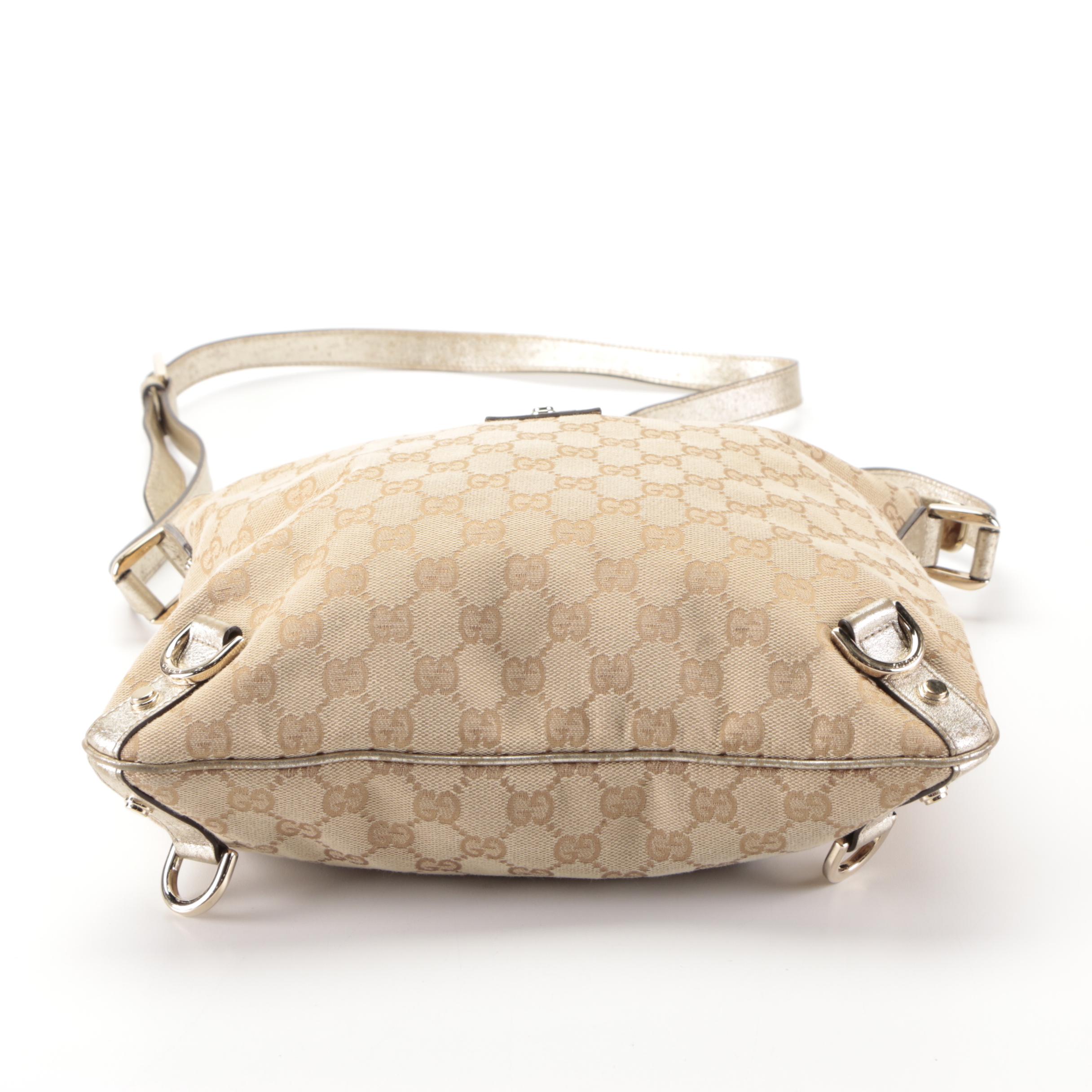 Gucci Abbey D-Ring Slim Shoulder Bag in GG Canvas and Metallic Gold Leather