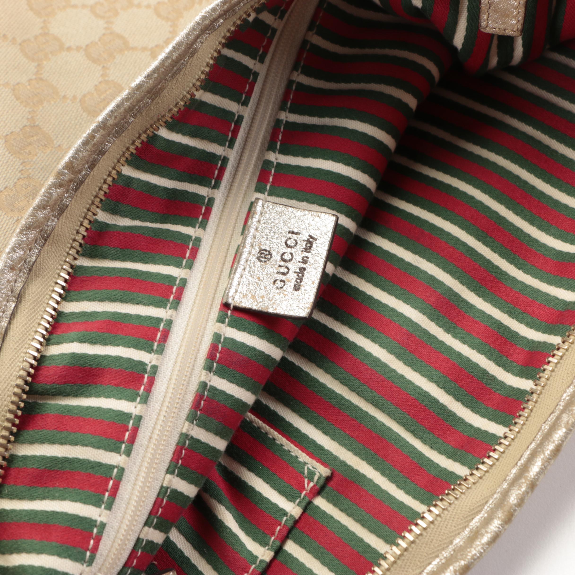 Gucci Abbey D-Ring Slim Shoulder Bag in GG Canvas and Metallic Gold Leather