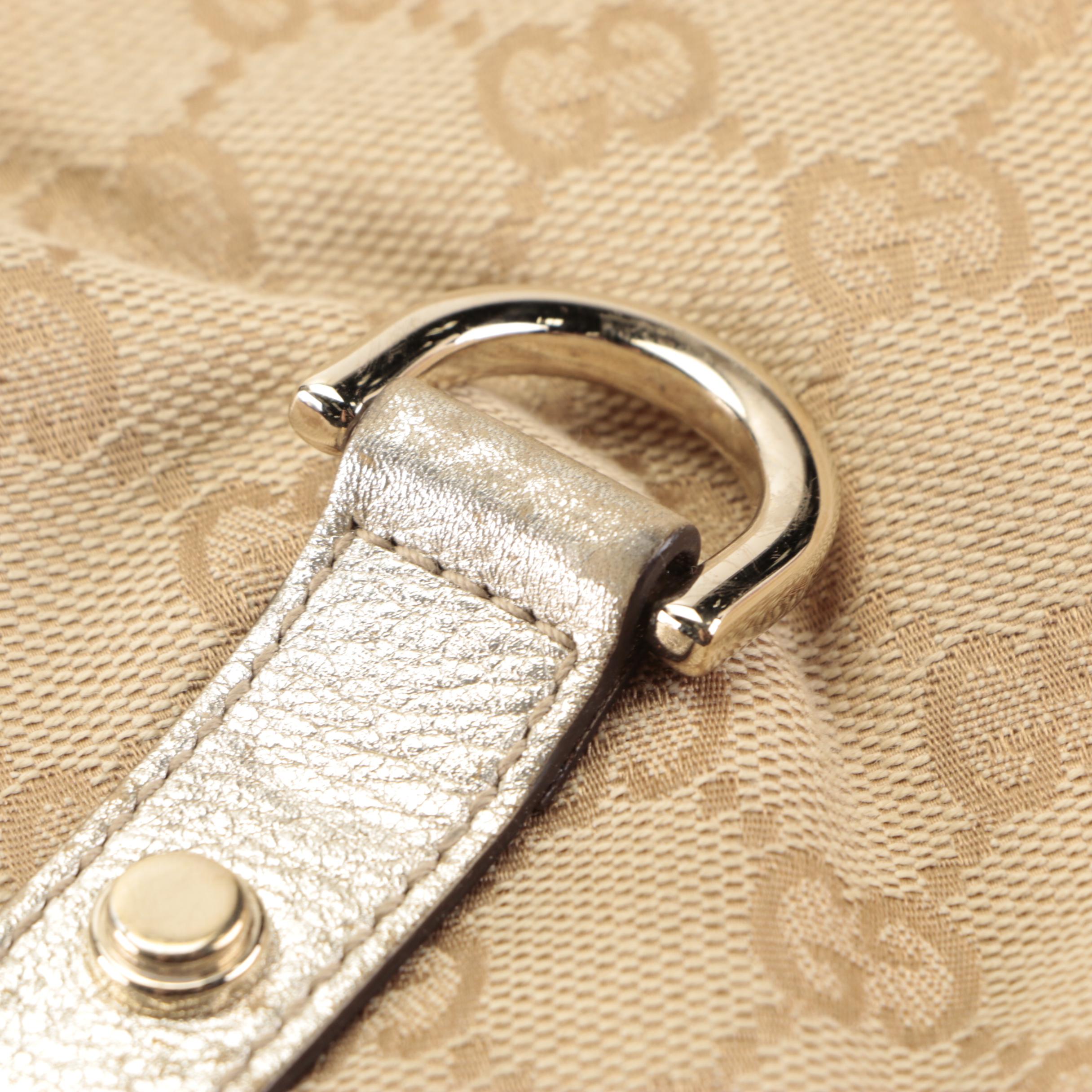 Gucci Abbey D-Ring Slim Shoulder Bag in GG Canvas and Metallic Gold Leather