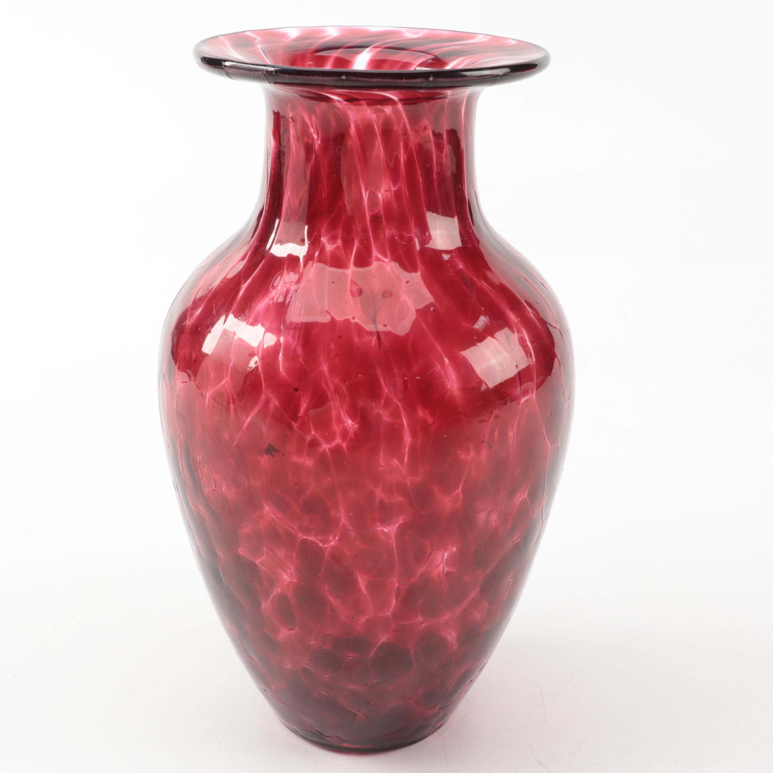 Signed Blown Cranberry Mottled Art Glass Vase and Pear Shaped Lidded Dish