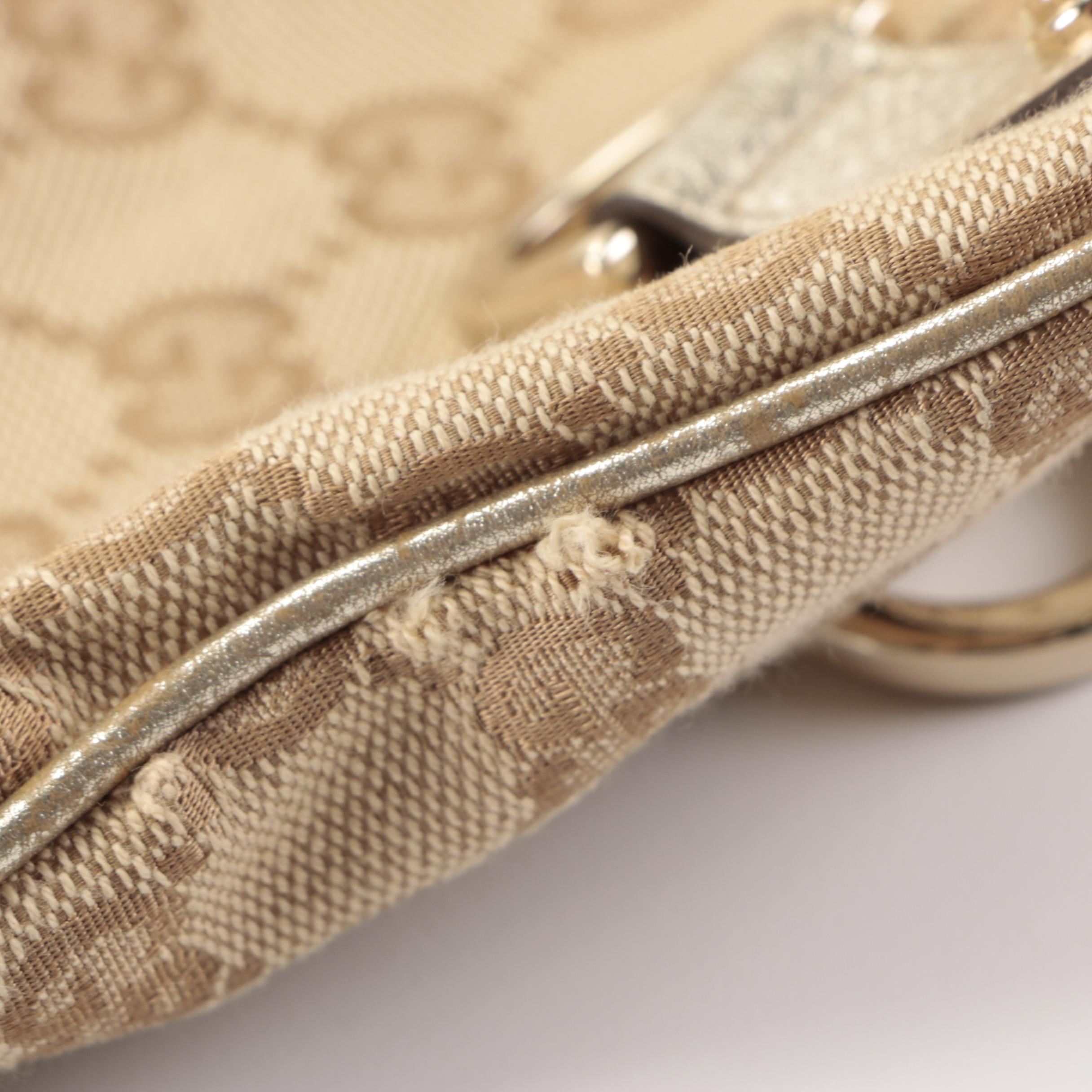 Gucci Abbey D-Ring Slim Shoulder Bag in GG Canvas and Metallic Gold Leather