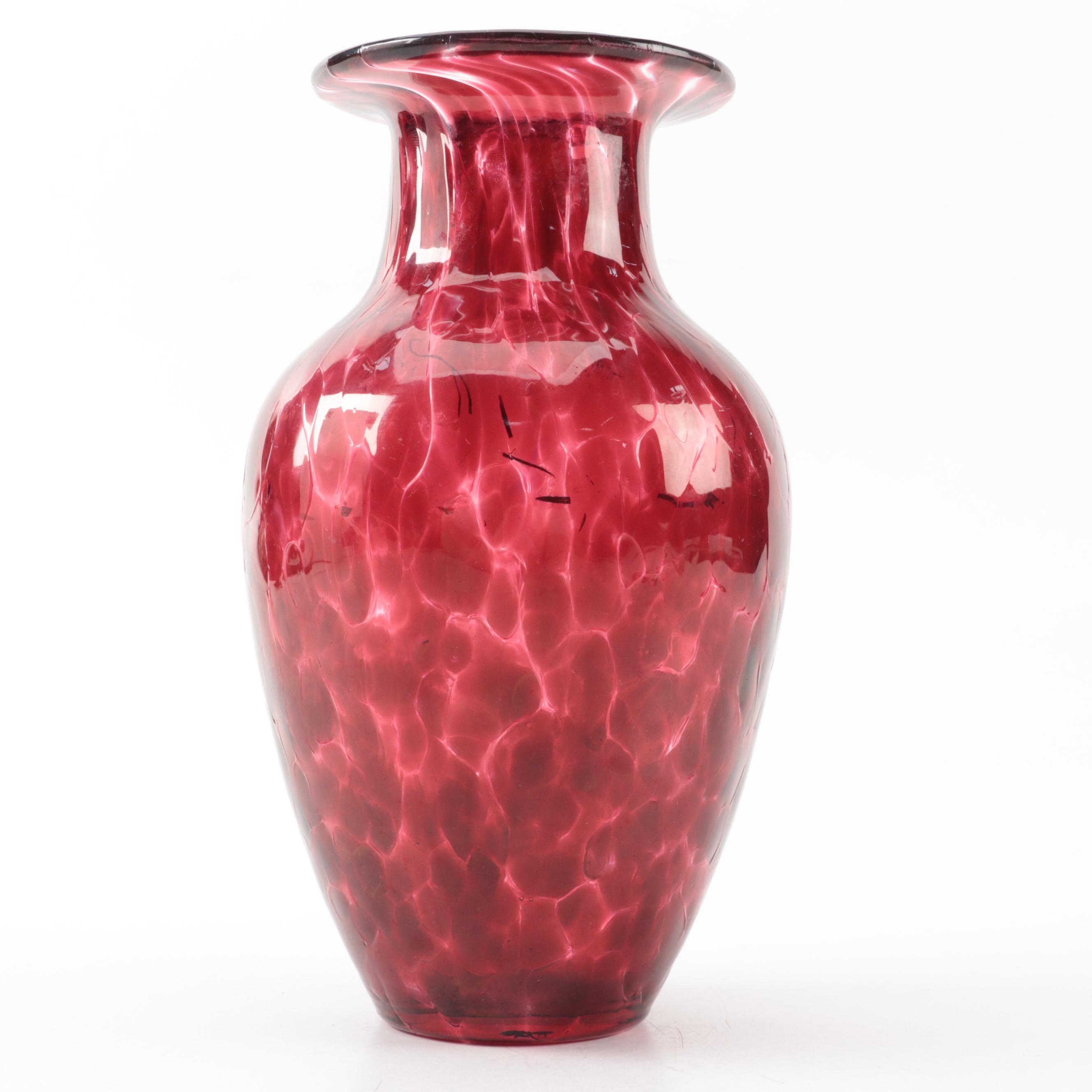 Signed Blown Cranberry Mottled Art Glass Vase and Pear Shaped Lidded Dish