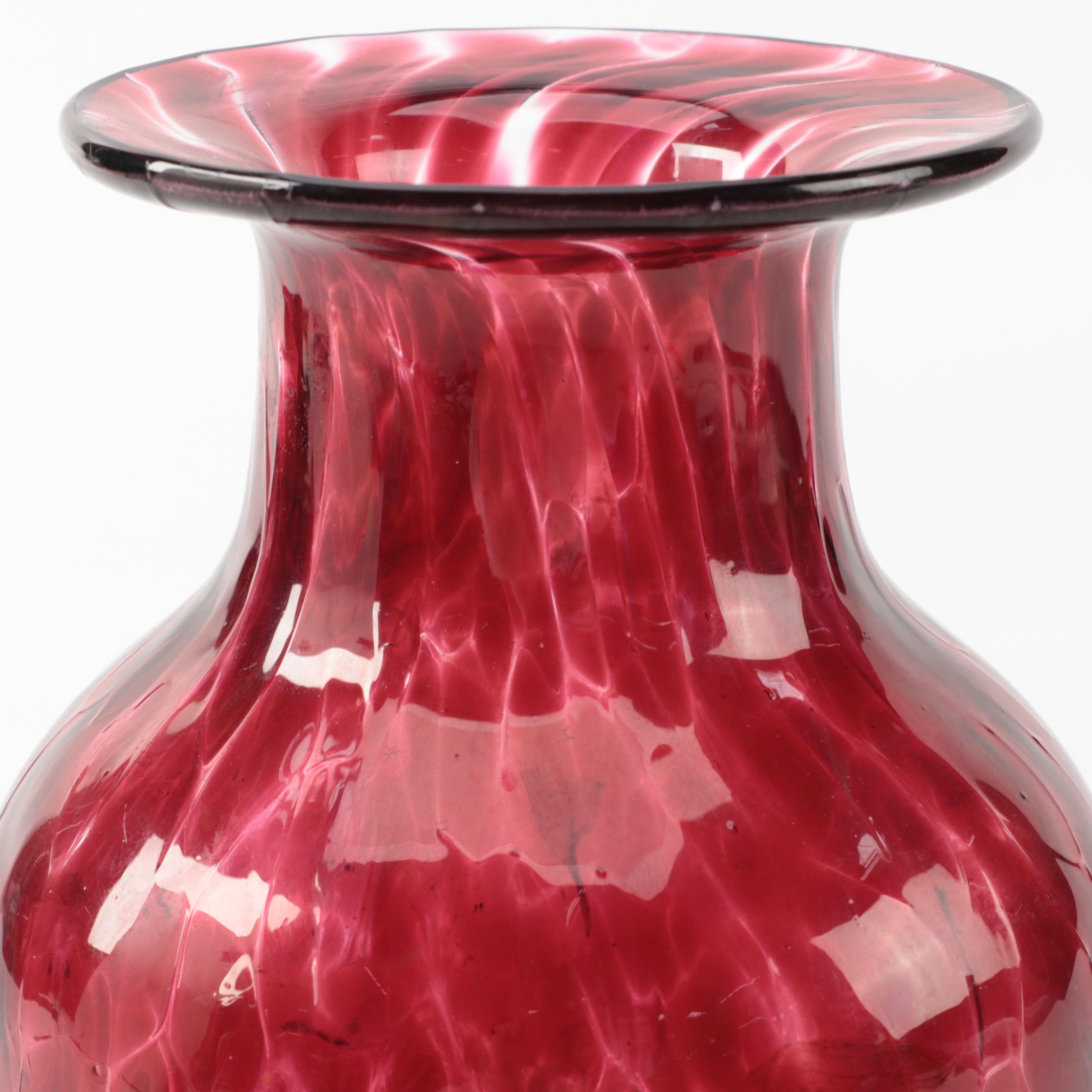 Signed Blown Cranberry Mottled Art Glass Vase and Pear Shaped Lidded Dish