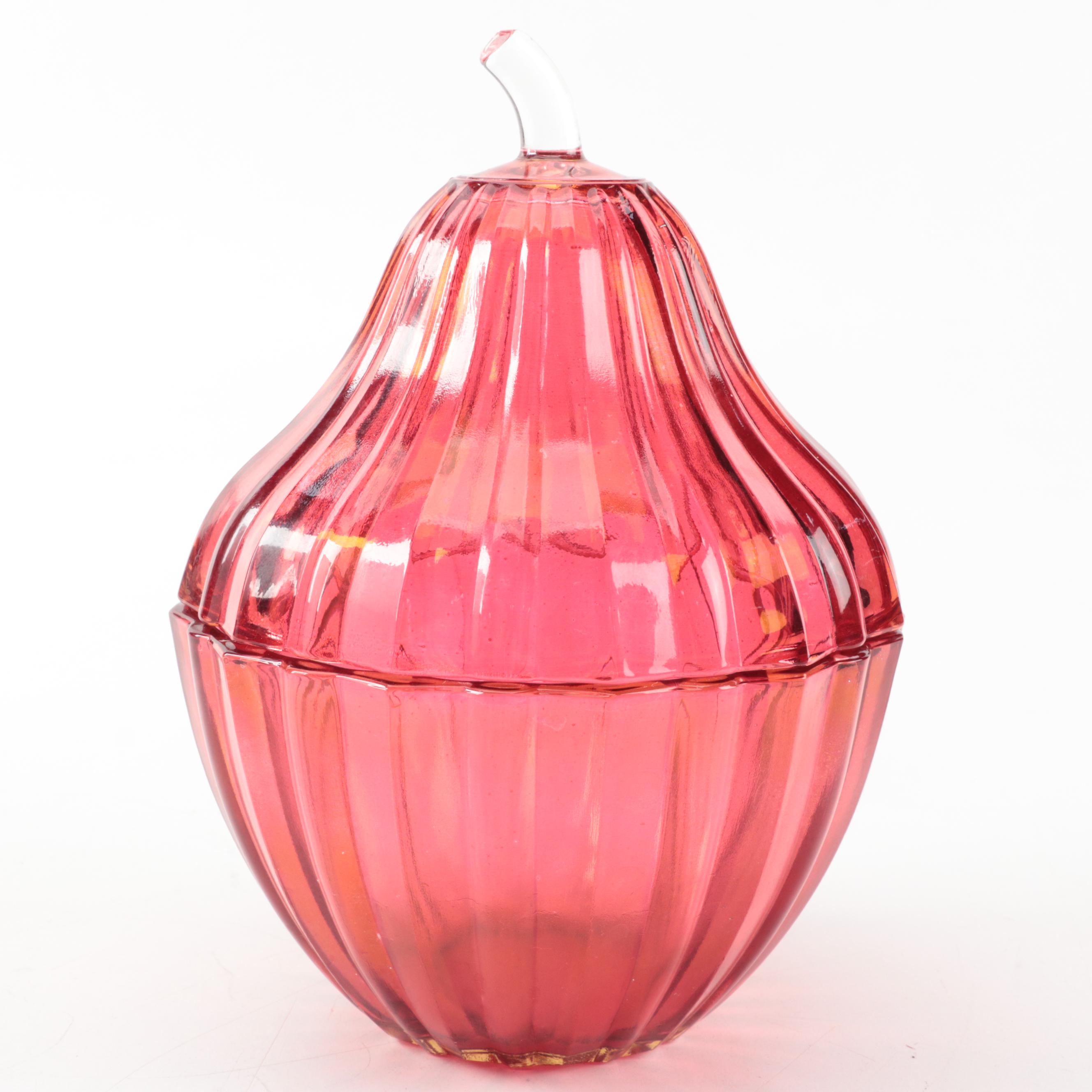 Signed Blown Cranberry Mottled Art Glass Vase and Pear Shaped Lidded Dish