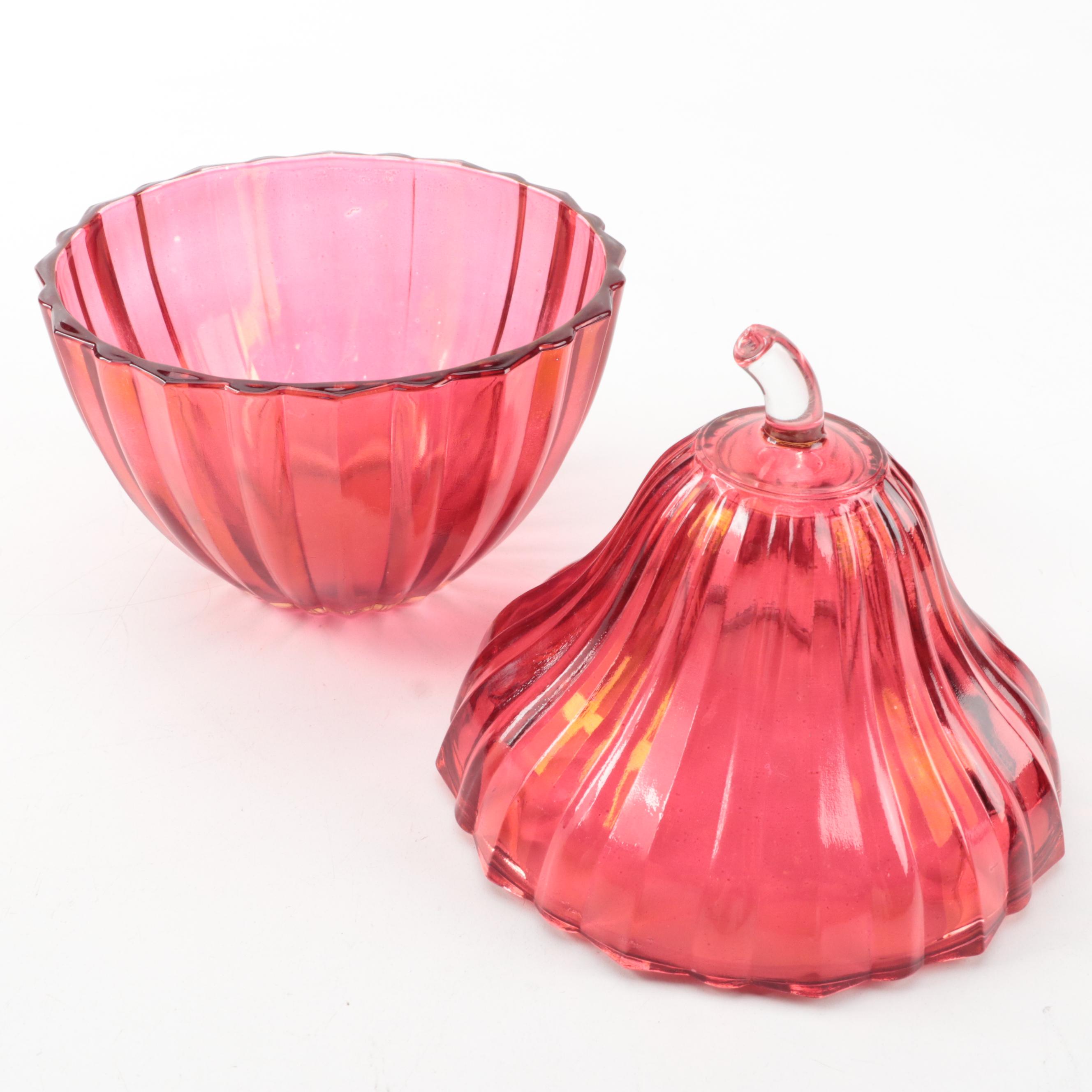 Signed Blown Cranberry Mottled Art Glass Vase and Pear Shaped Lidded Dish