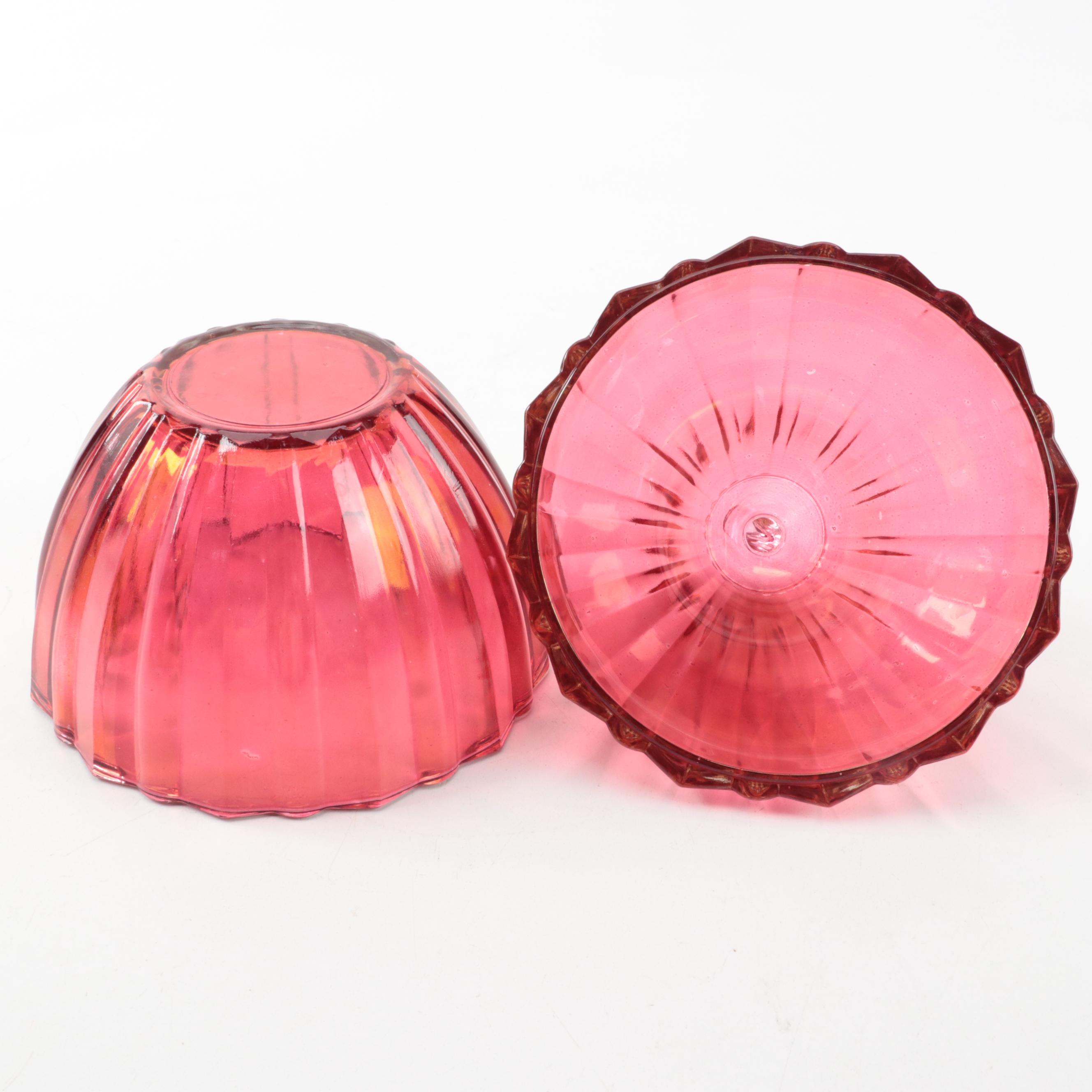 Signed Blown Cranberry Mottled Art Glass Vase and Pear Shaped Lidded Dish