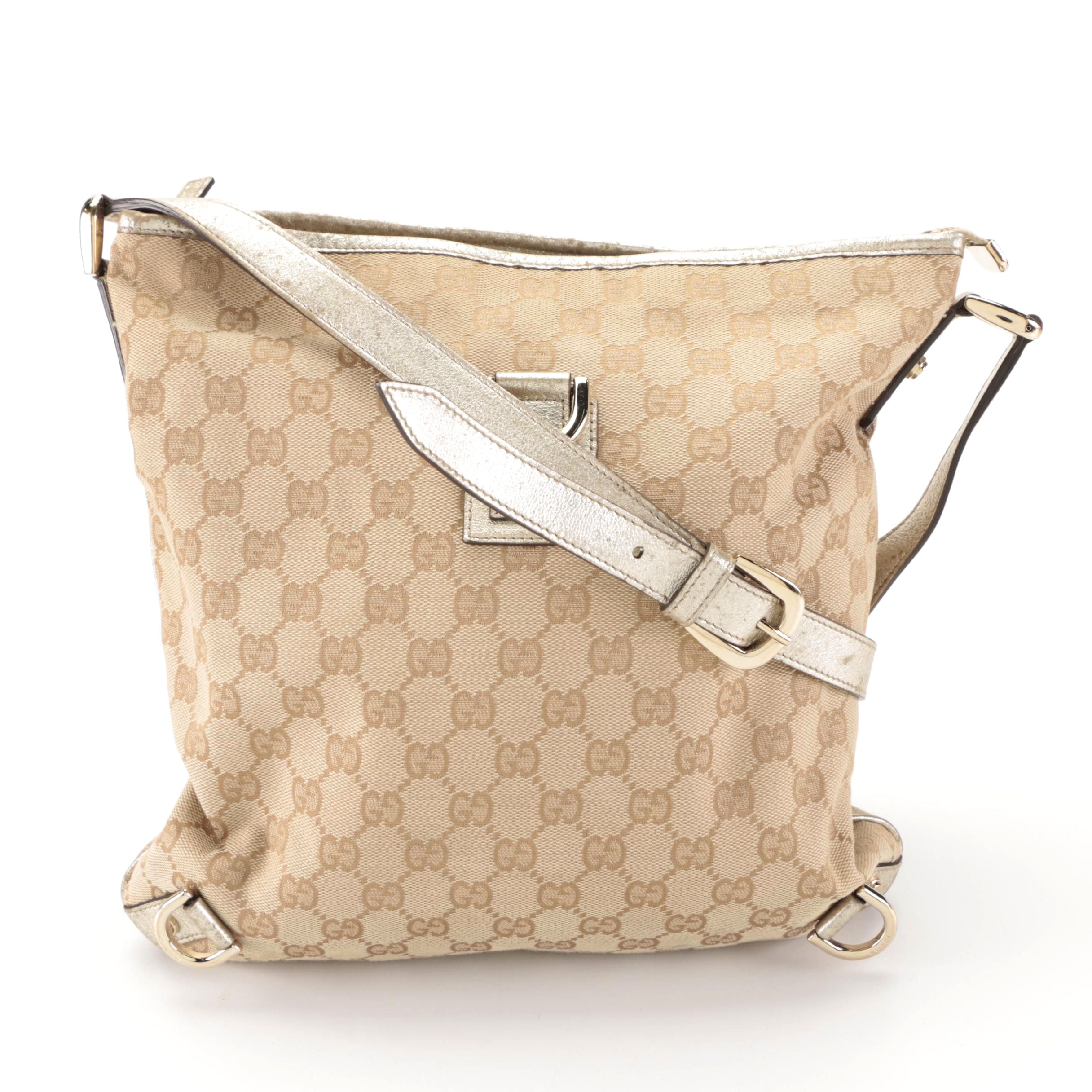 Gucci Abbey D-Ring Slim Shoulder Bag in GG Canvas and Metallic Gold Leather
