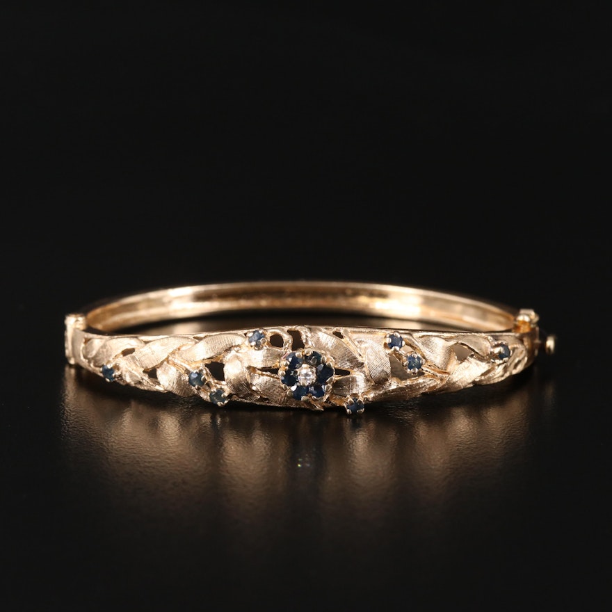 Vintage 14K Diamond and Sapphire Floral Hinged Bangle