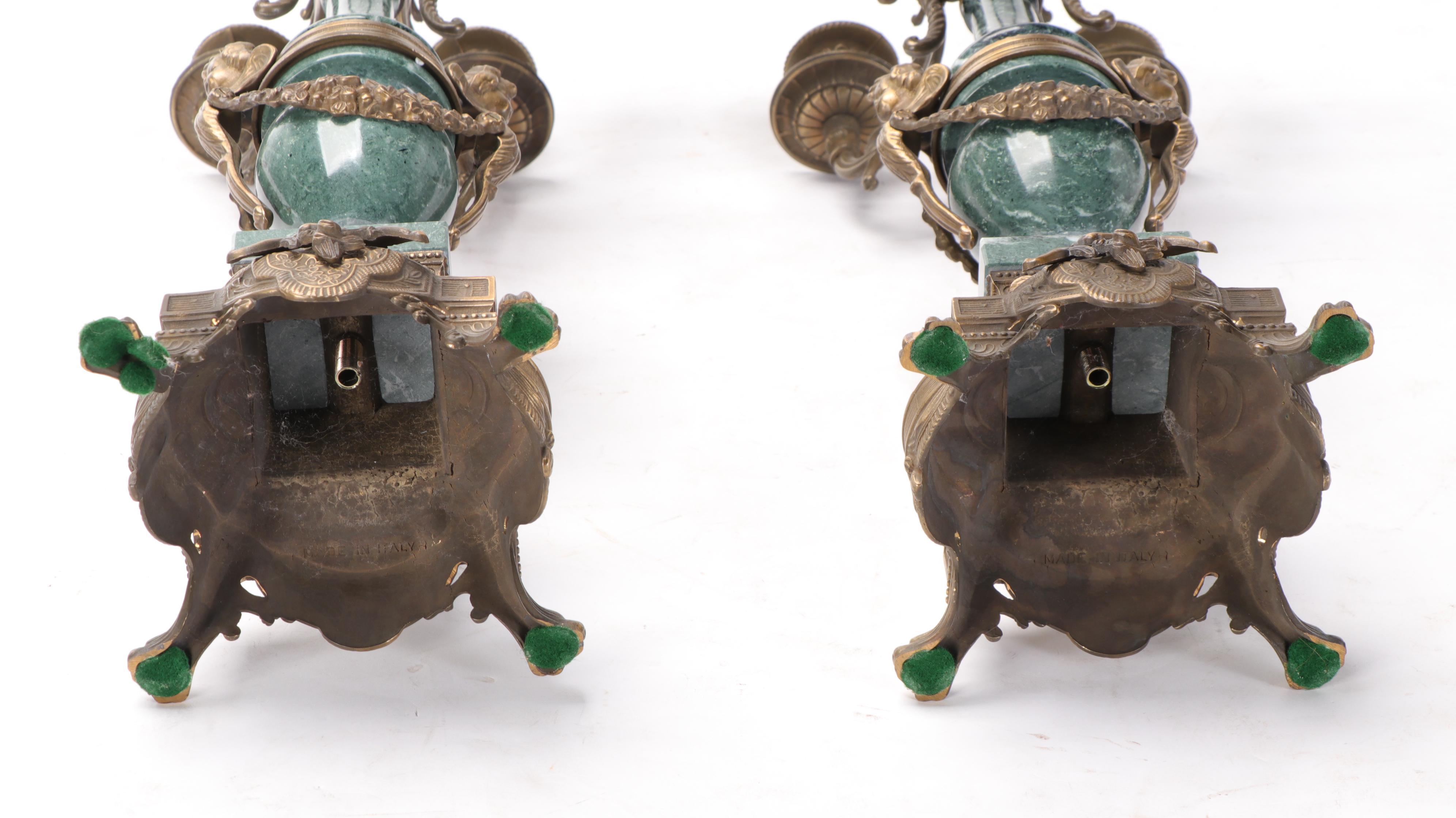 Italian Neoclassical Style Gilt Metal Mounted Marble Candelabras, 20th Century