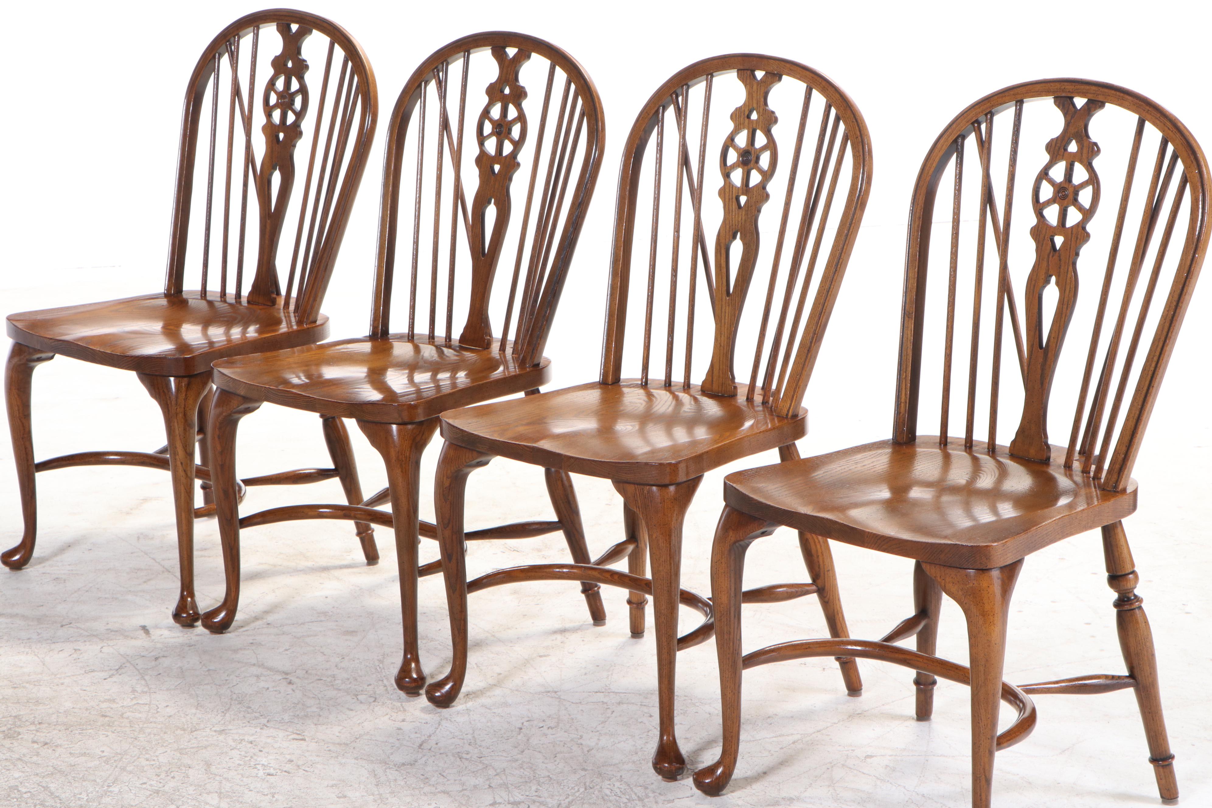 Six Baker Furniture Oak Wheel-Back Windsor Dining Chairs, Late 20th Century