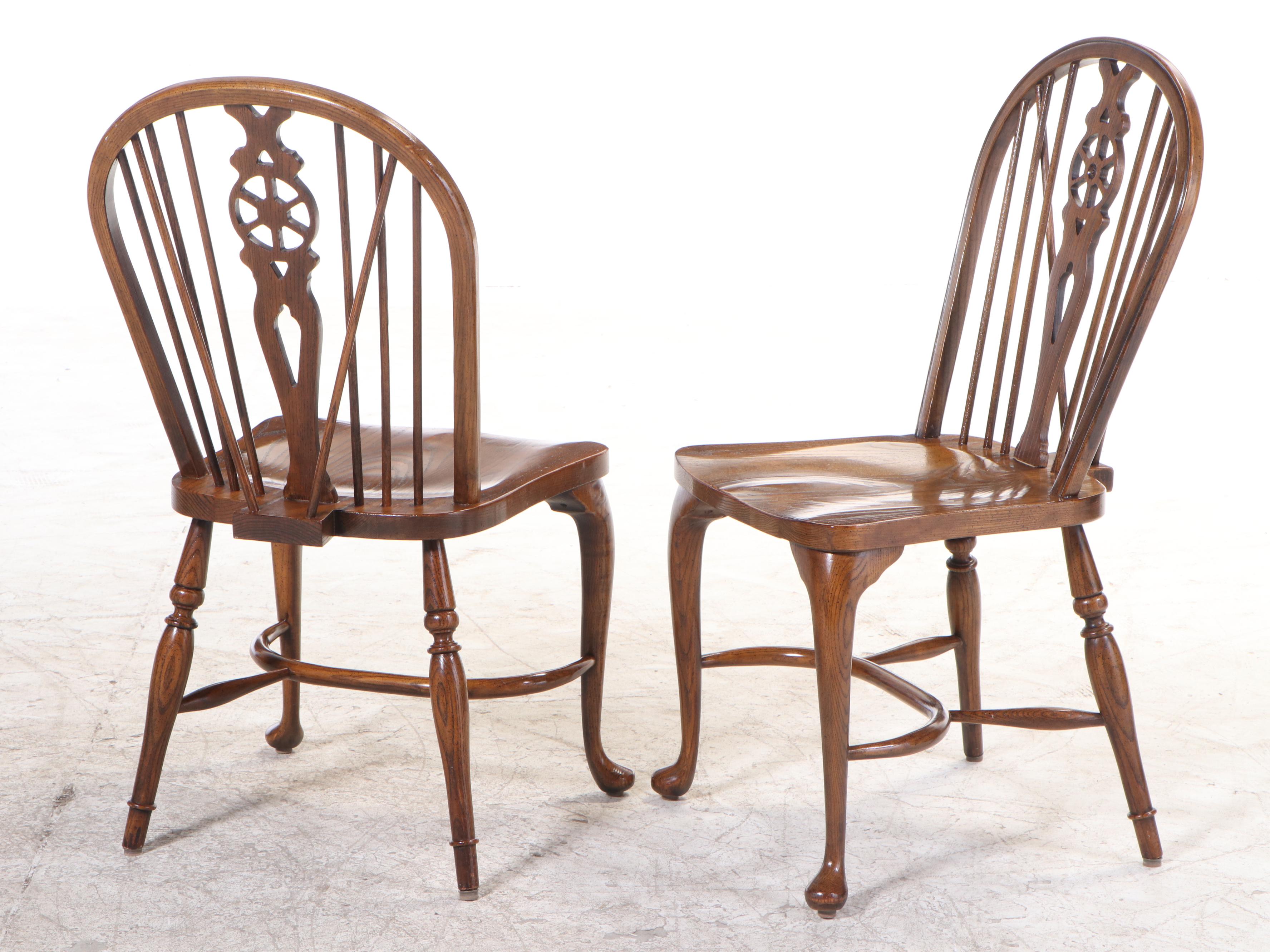 Six Baker Furniture Oak Wheel-Back Windsor Dining Chairs, Late 20th Century