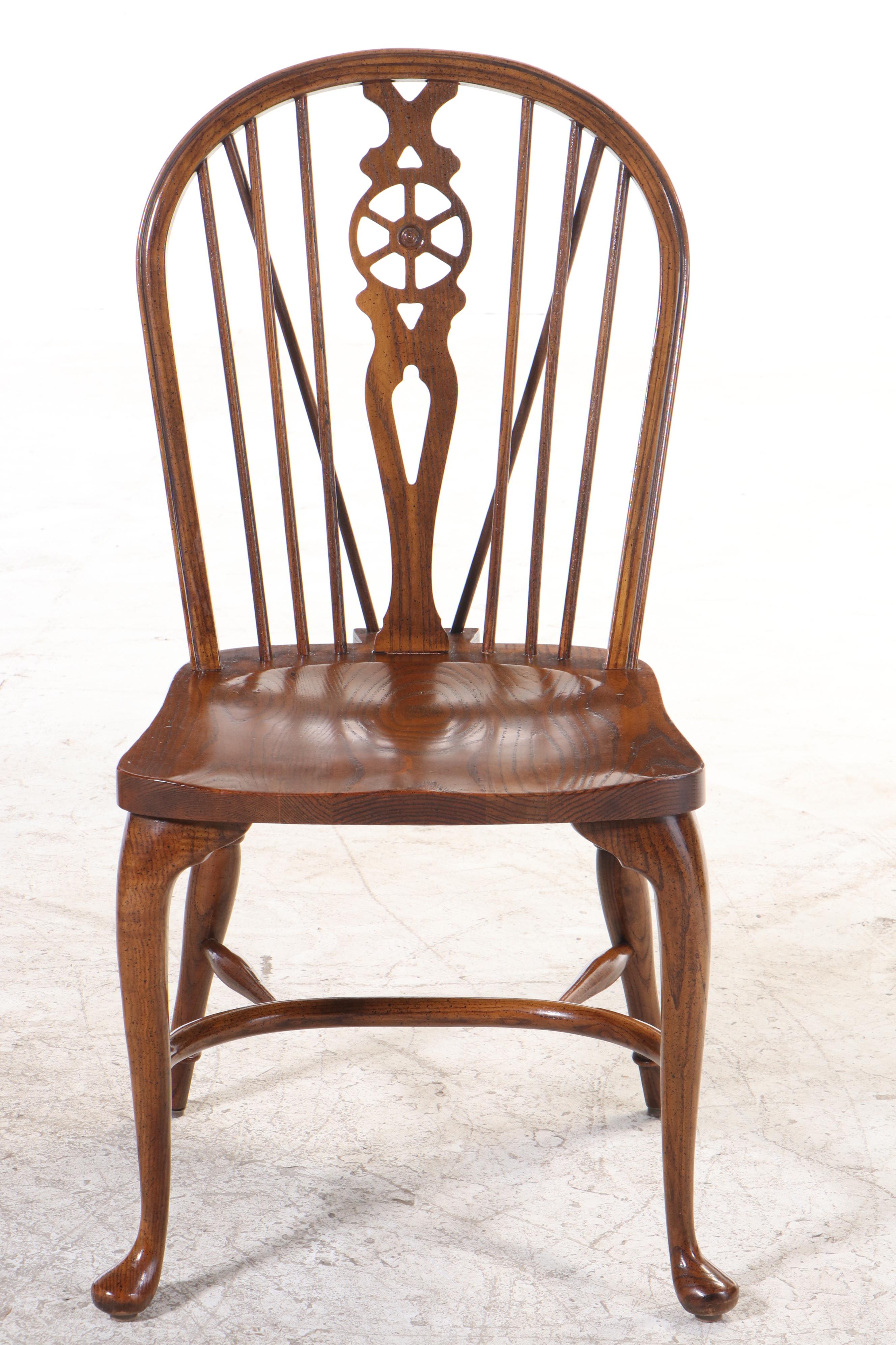 Six Baker Furniture Oak Wheel-Back Windsor Dining Chairs, Late 20th Century
