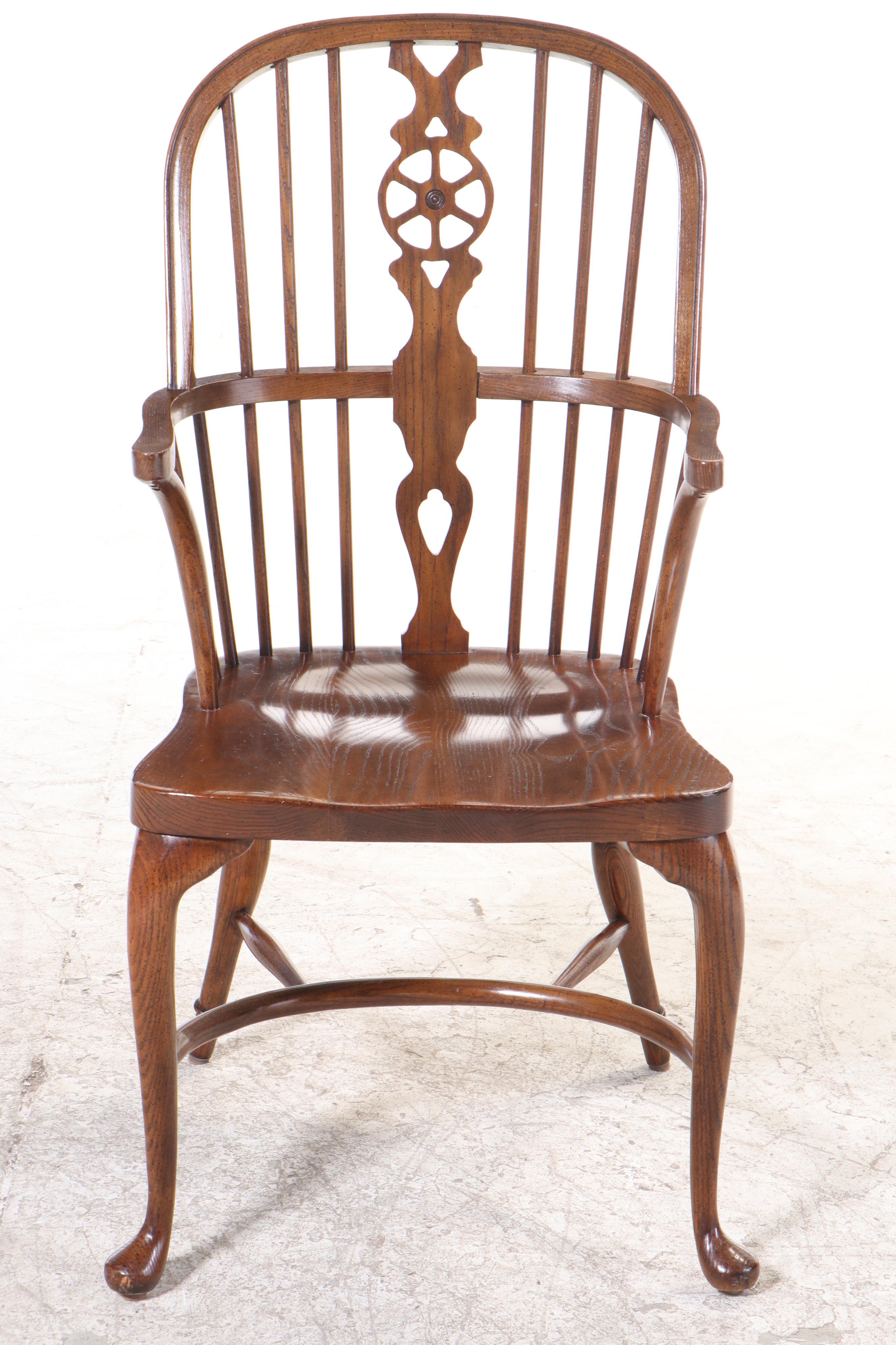Six Baker Furniture Oak Wheel-Back Windsor Dining Chairs, Late 20th Century