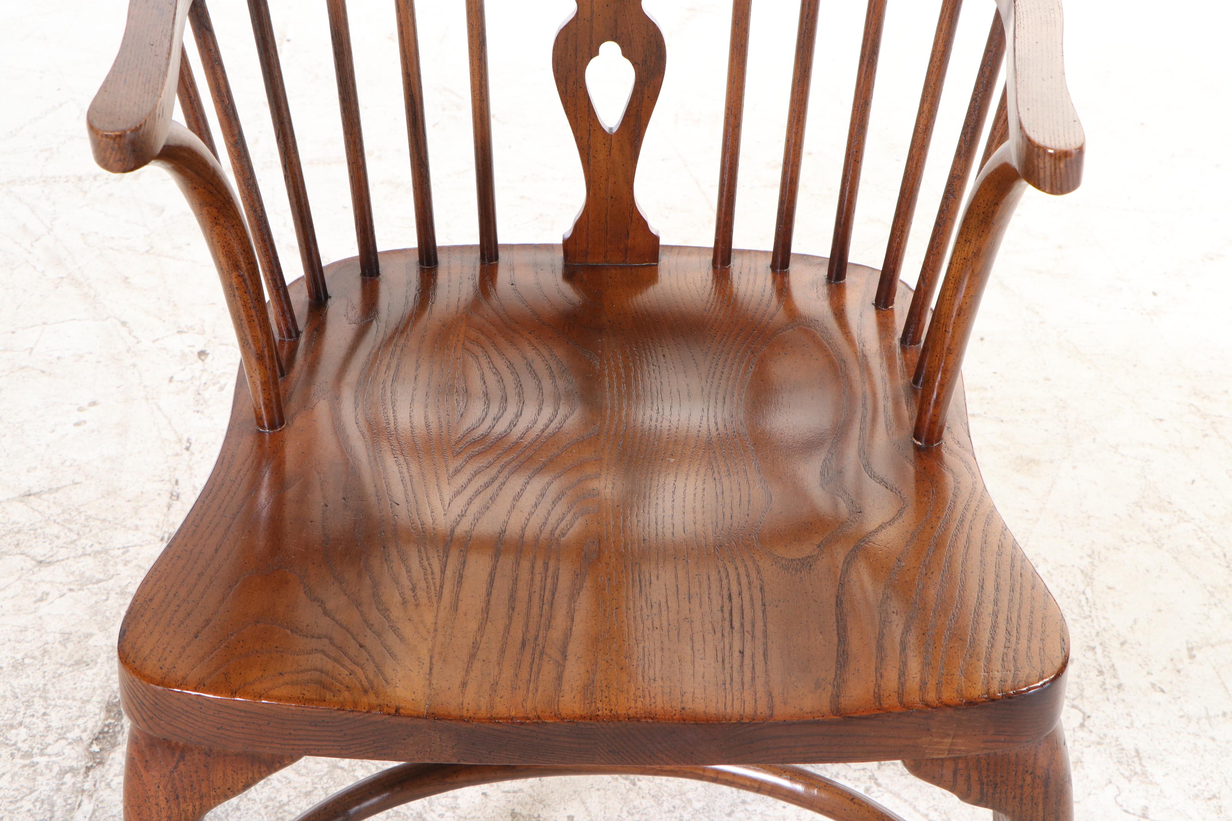 Six Baker Furniture Oak Wheel-Back Windsor Dining Chairs, Late 20th Century