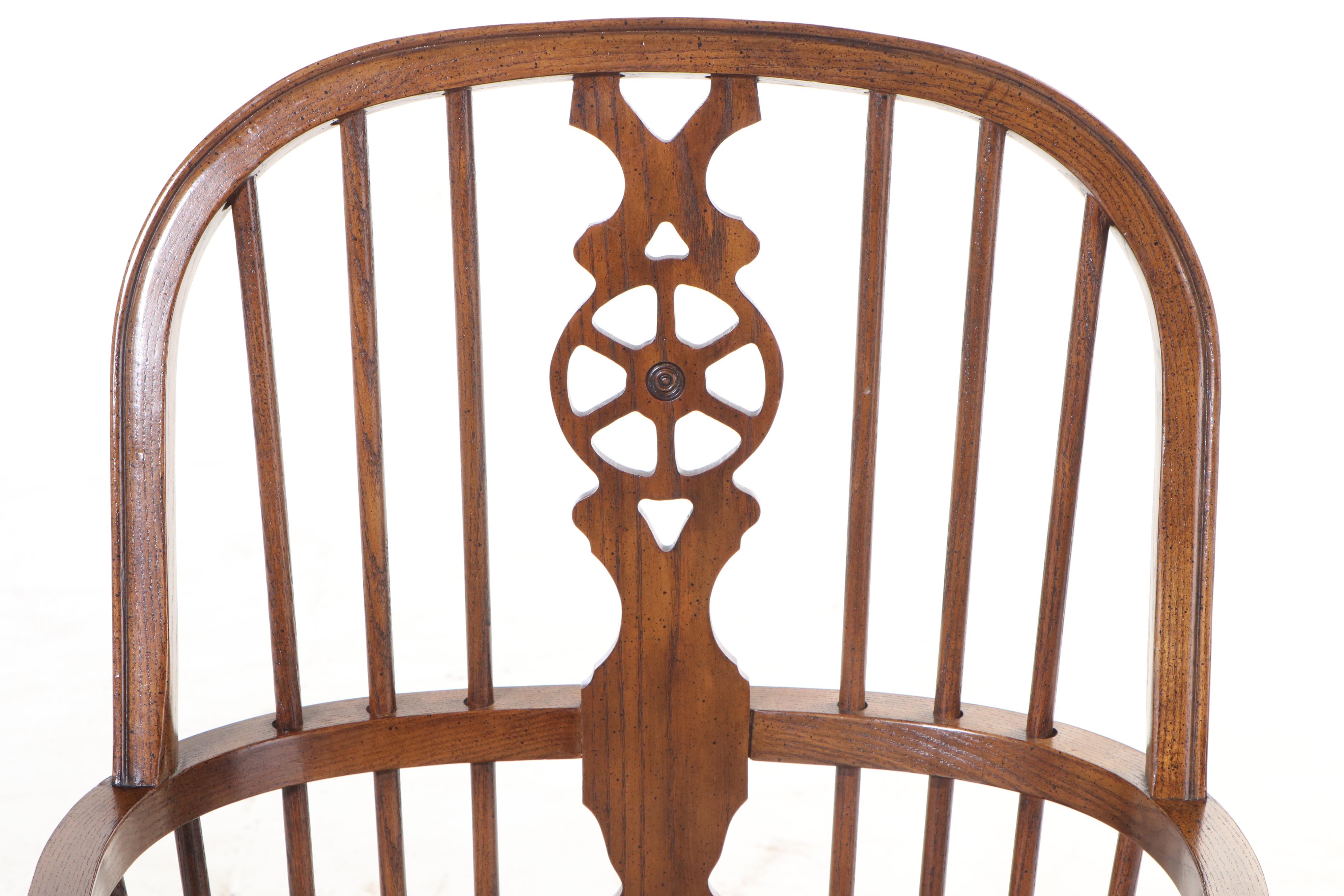 Six Baker Furniture Oak Wheel-Back Windsor Dining Chairs, Late 20th Century