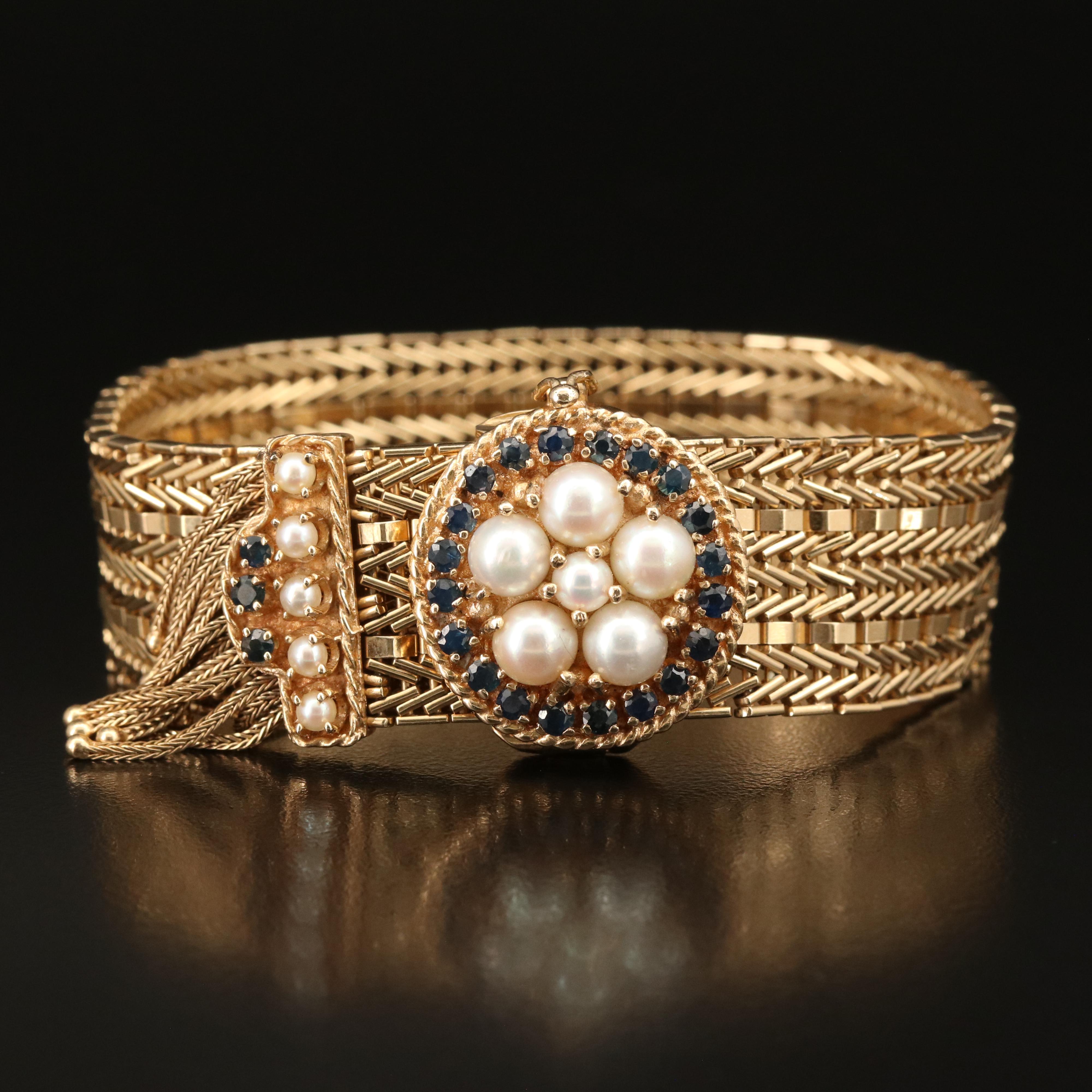 Vintage 14K Pearl and Sapphire Riccio Chain Jarretière Bracelet